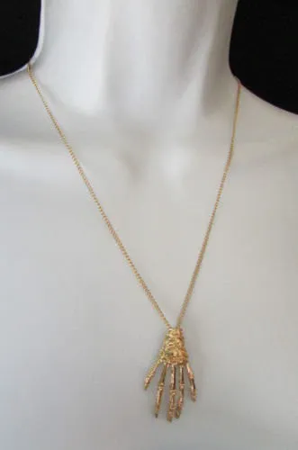 Gold Thin Long Metal Chain Skeleton Hand Skull Classic Halloween Necklace