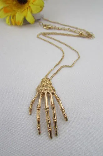 Gold Thin Long Metal Chain Skeleton Hand Skull Classic Halloween Necklace