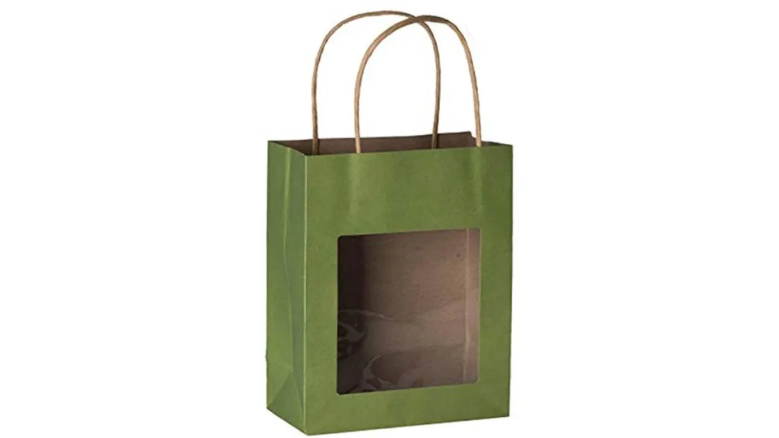 Green Kraft Paper Bag With Window 20 Pack 7.75"x 6.25"x 3"