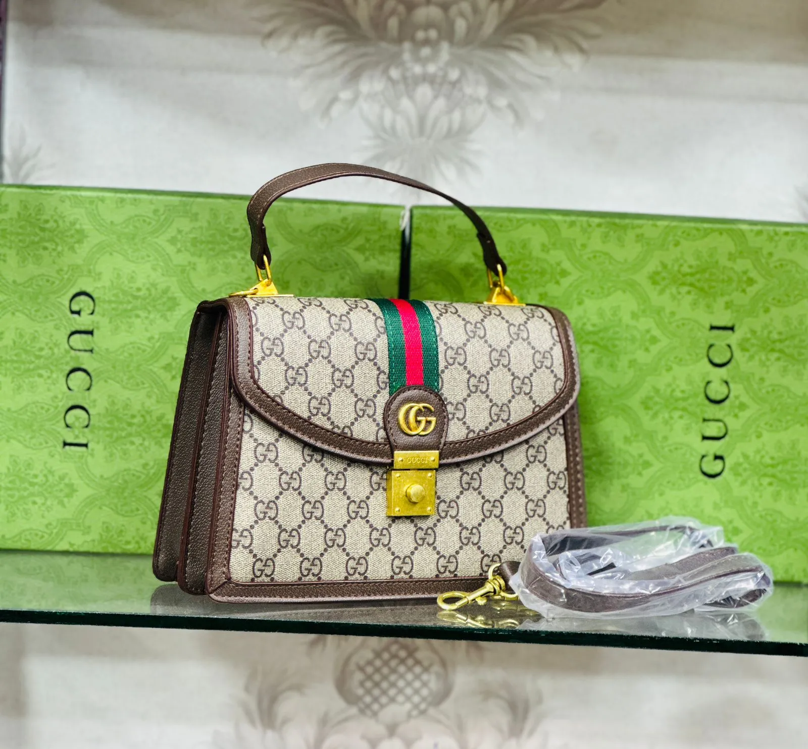 Gucci-Inspired Ophidia Bag with Long Chain and Branded Packing (Brown)