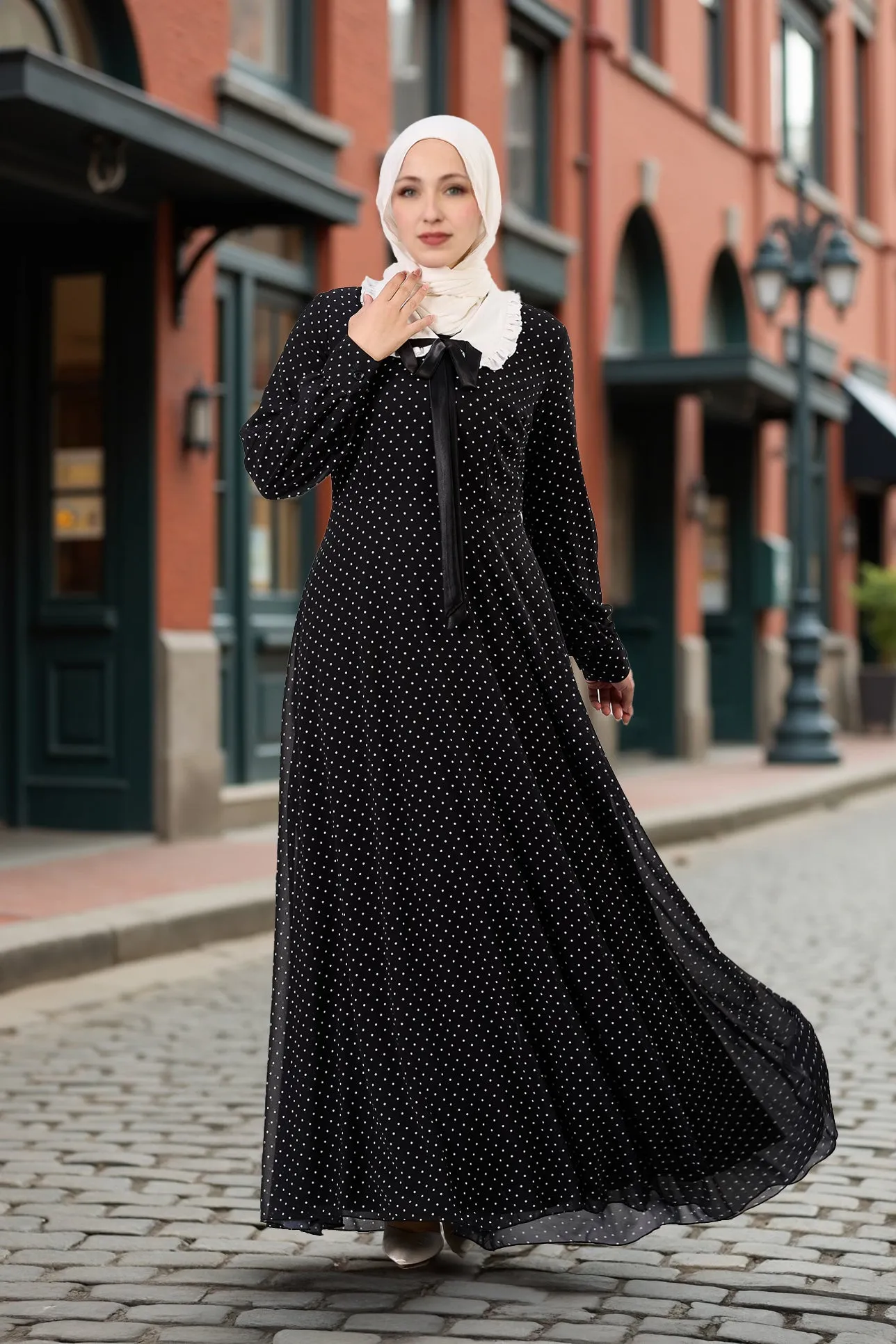 Hajar Polka Dot Flared Sleeve Chiffon Modesty Maxi Dress