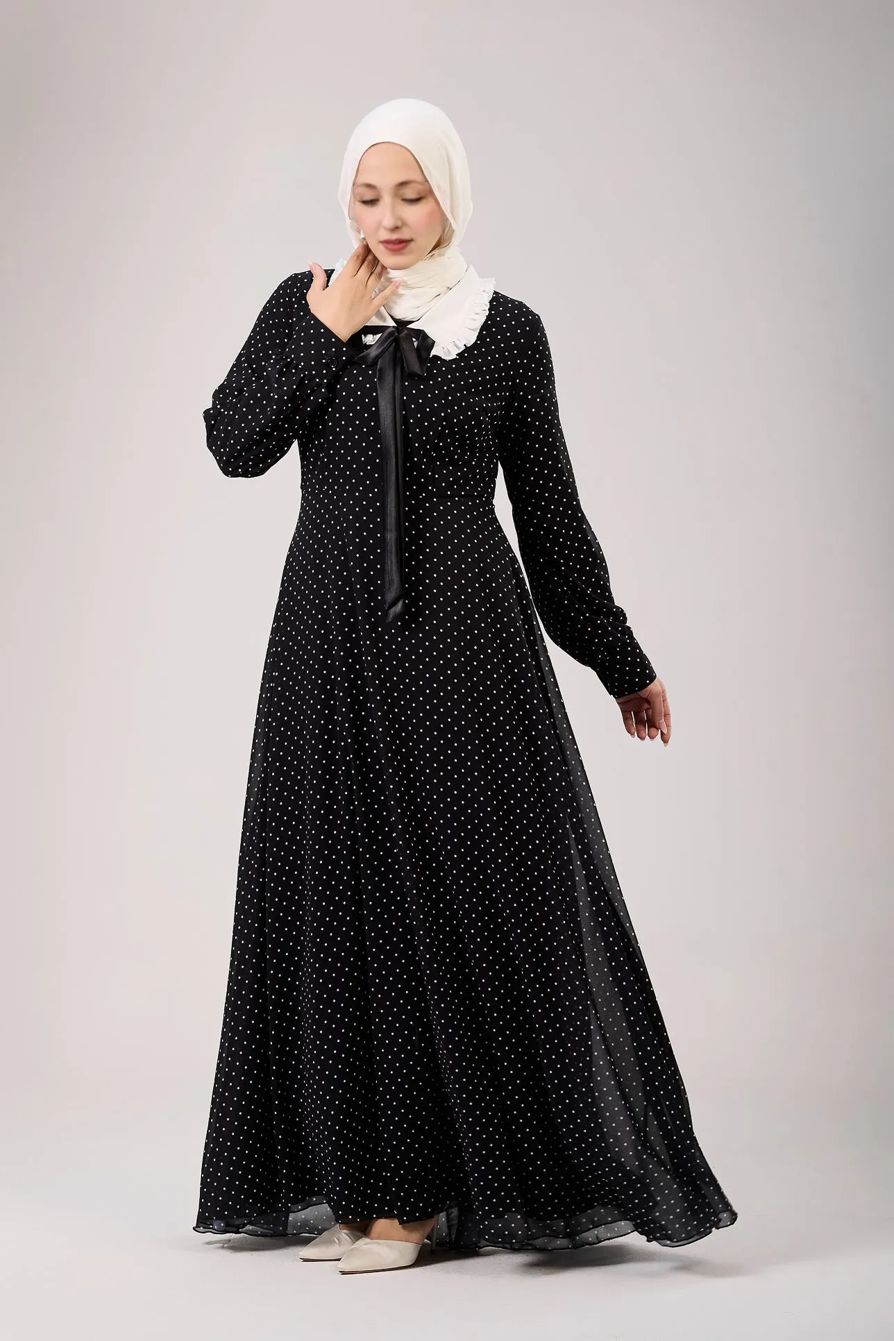 Hajar Polka Dot Flared Sleeve Chiffon Modesty Maxi Dress