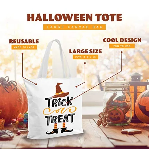 Halloween Treat Bag - 13.8" Large Halloween Canvas Tote Reusable Bag for Trick