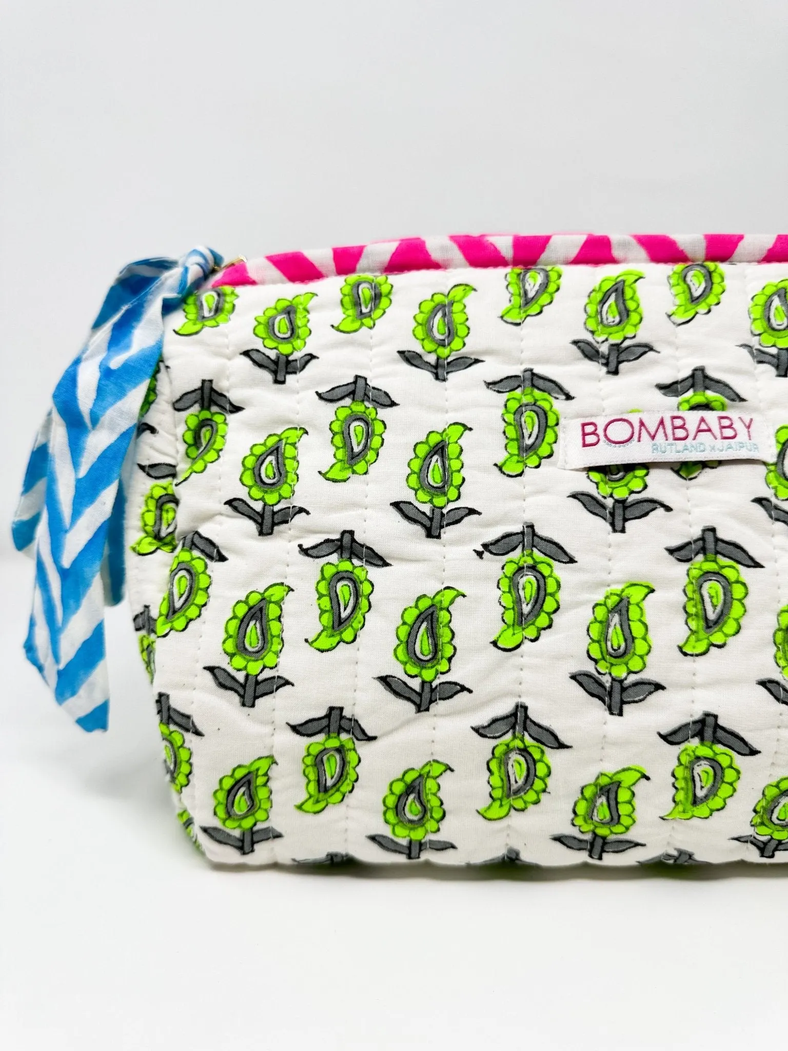 Handmade Block Print Quilted Wash Bag | Neon Paisley