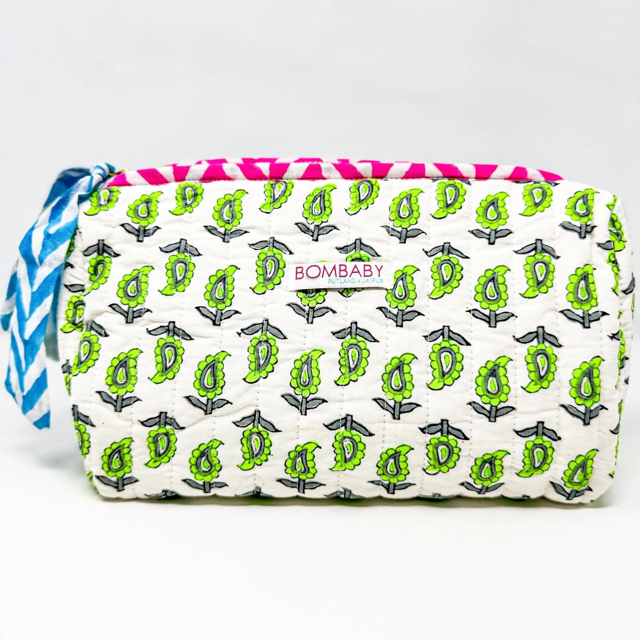 Handmade Block Print Quilted Wash Bag | Neon Paisley