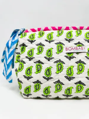 Handmade Block Print Quilted Wash Bag | Neon Paisley