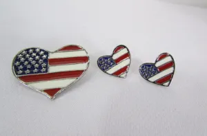 Heart Shaped American USA Flag Lapel Pin & Earrings