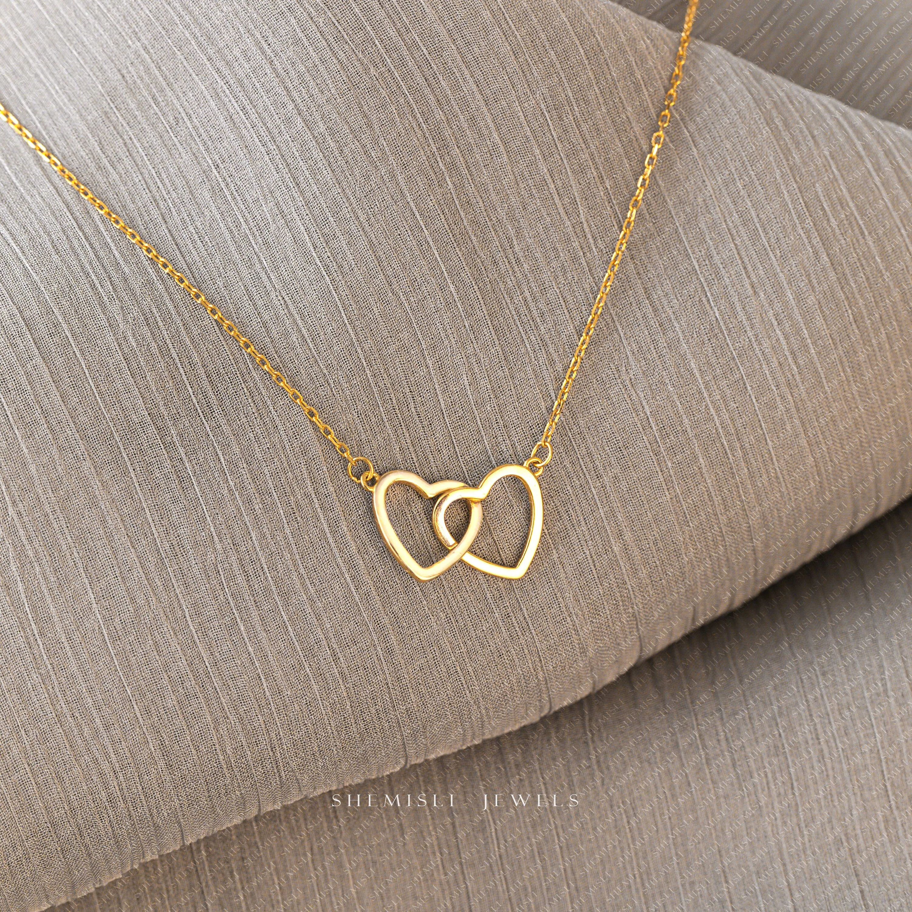 Interlocking Two Hearts Necklace, Unisex, Gold, Silver  (16" 2") SHEMISLI - SN011