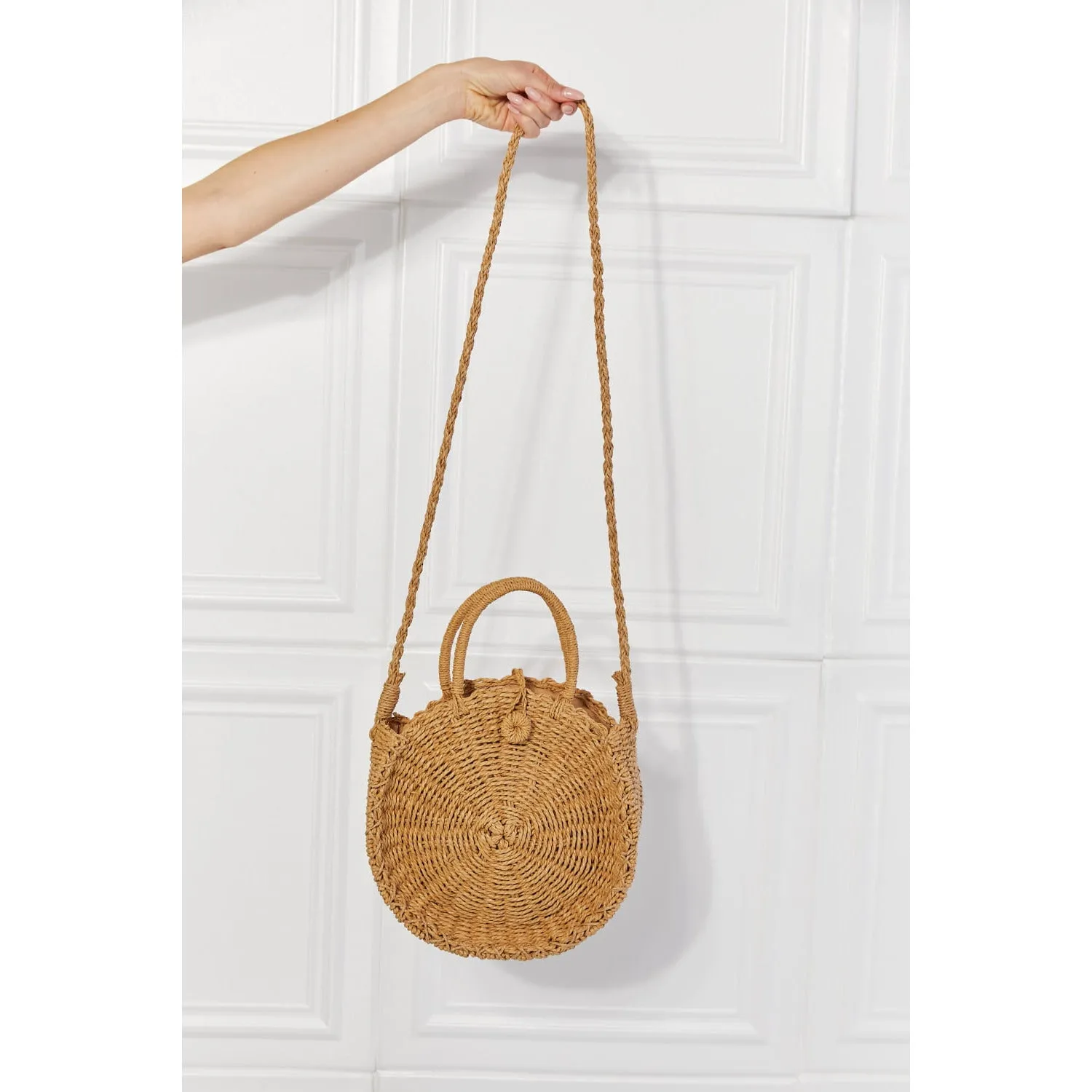 Justin Taylor Feeling Cute Rounded Rattan Handbag in Camel