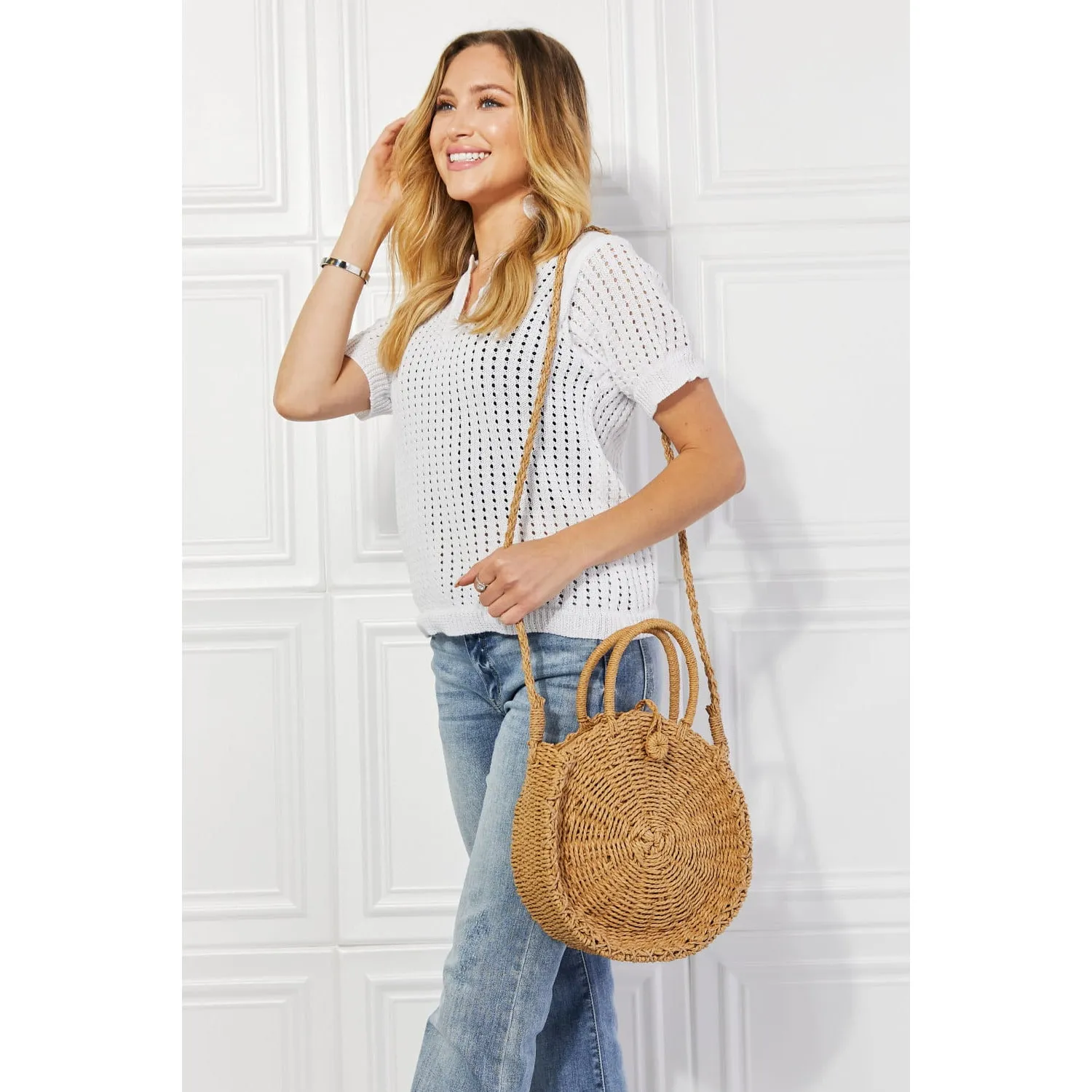 Justin Taylor Feeling Cute Rounded Rattan Handbag in Camel