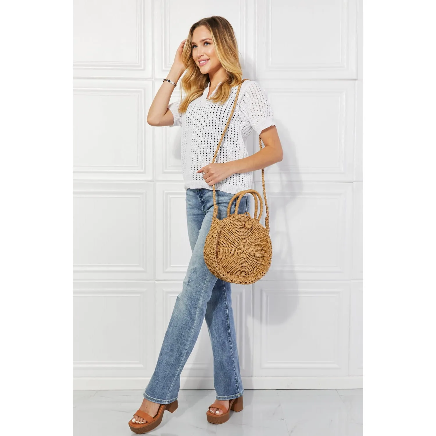 Justin Taylor Feeling Cute Rounded Rattan Handbag in Camel