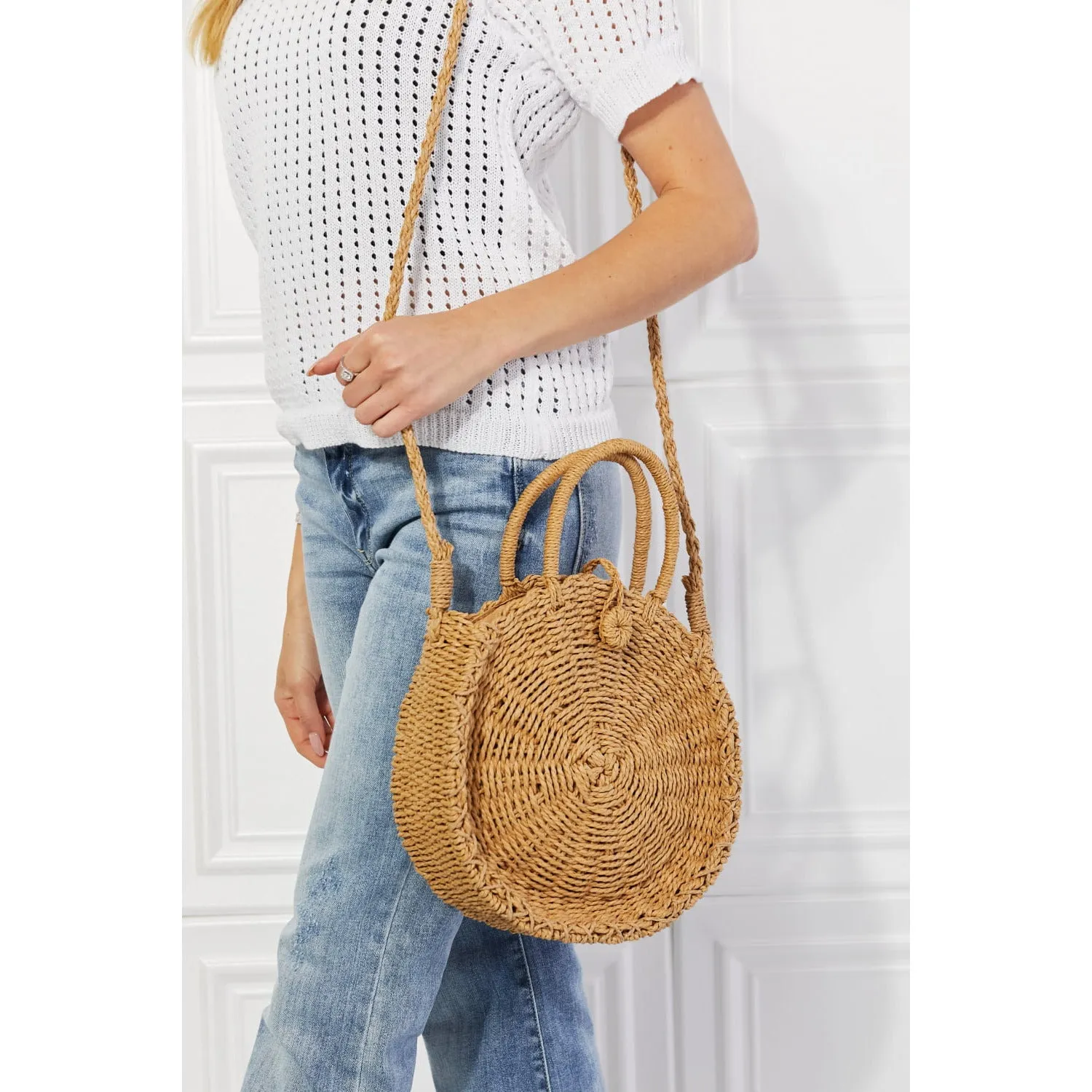 Justin Taylor Feeling Cute Rounded Rattan Handbag in Camel