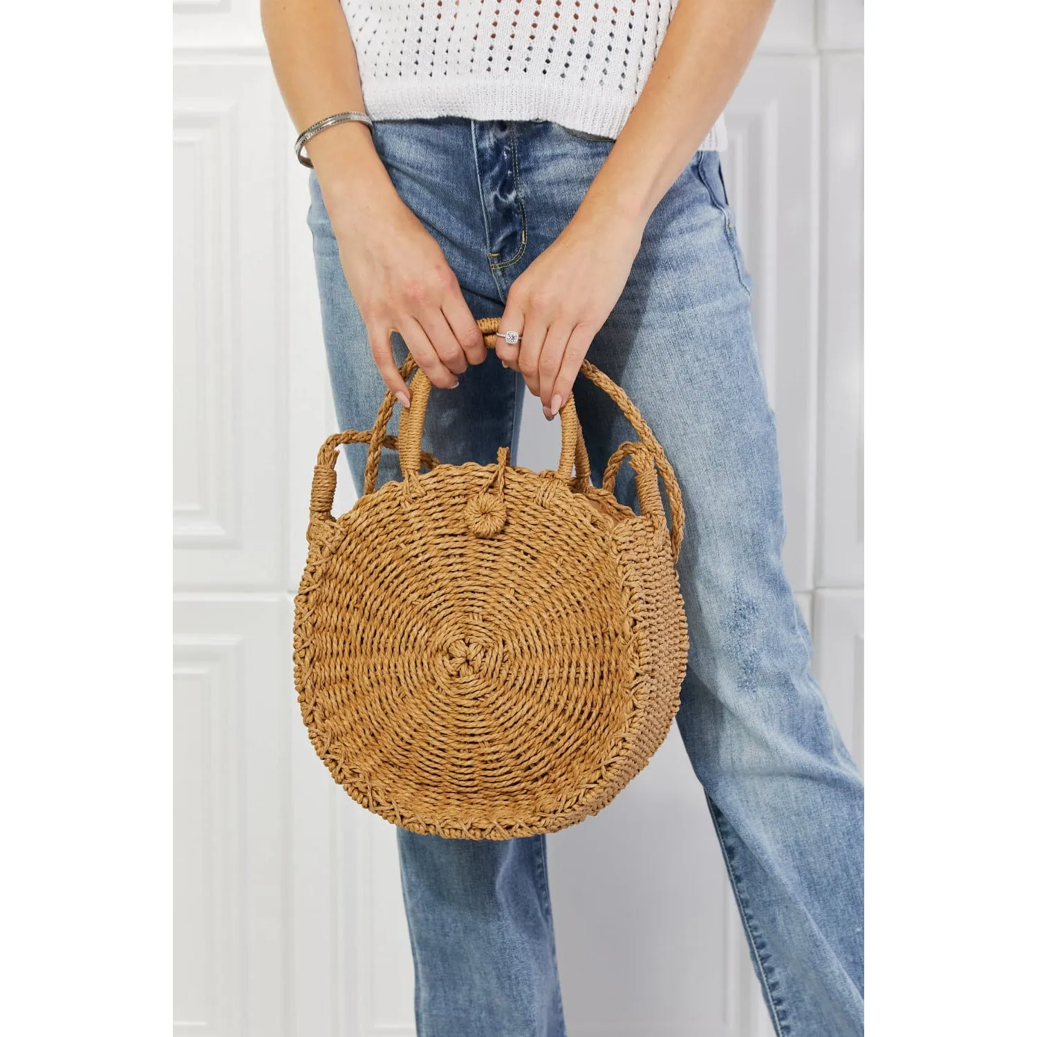 Justin Taylor Feeling Cute Rounded Rattan Handbag in Camel