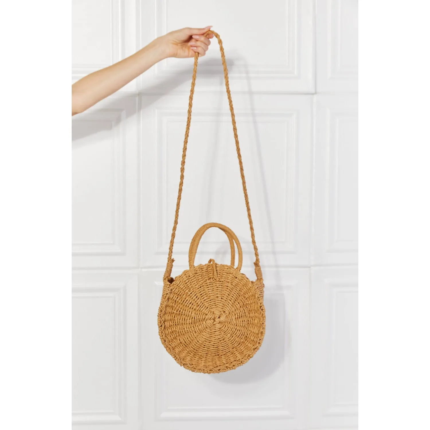 Justin Taylor Feeling Cute Rounded Rattan Handbag in Camel