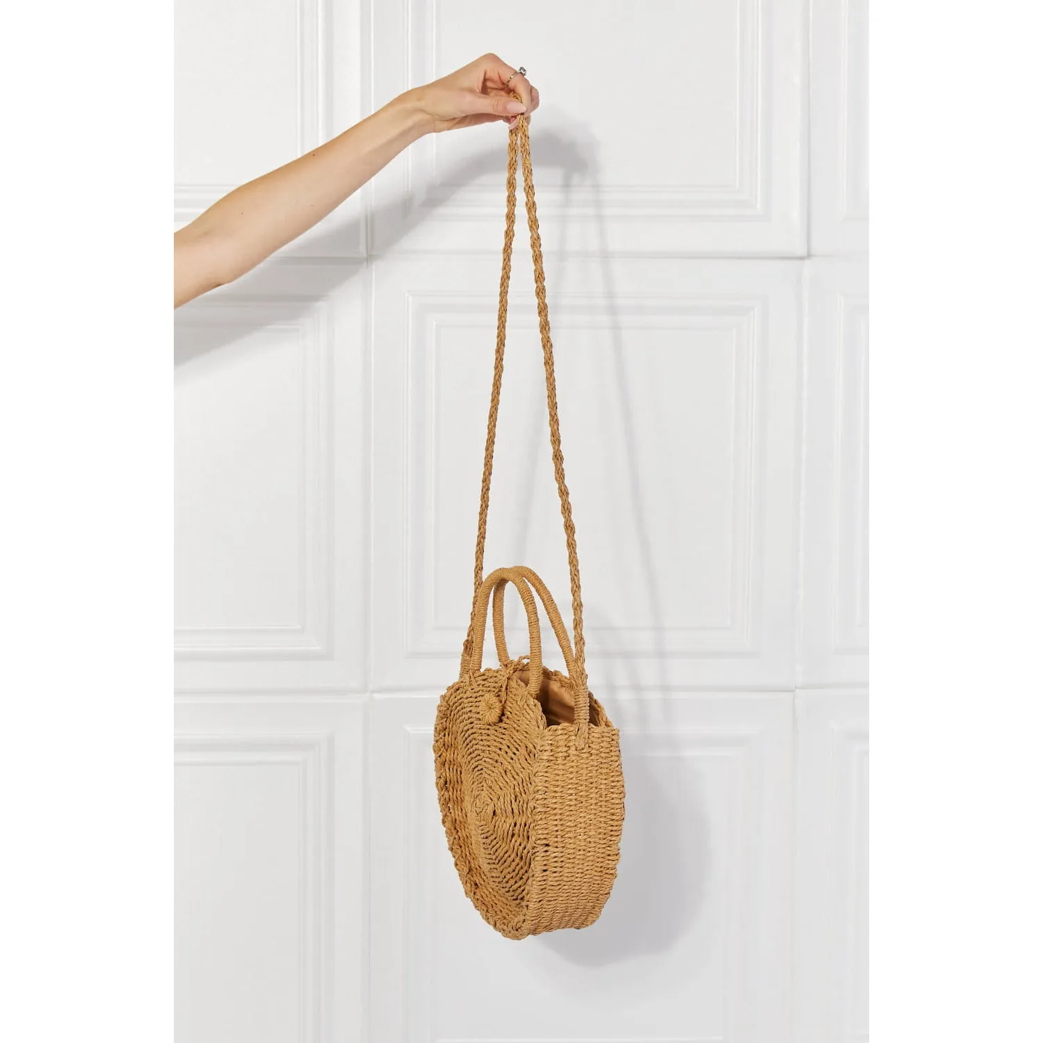 Justin Taylor Feeling Cute Rounded Rattan Handbag in Camel