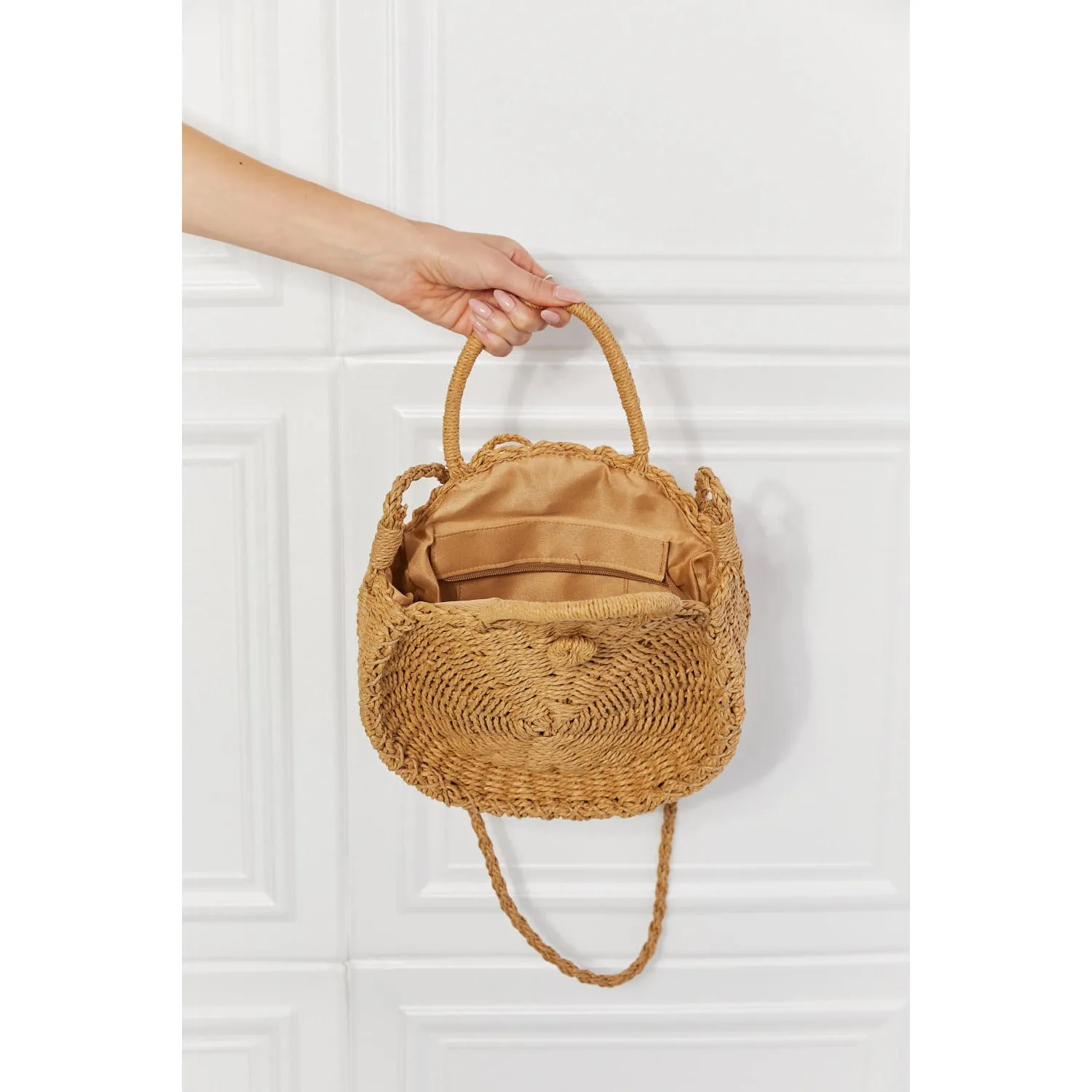 Justin Taylor Feeling Cute Rounded Rattan Handbag in Camel