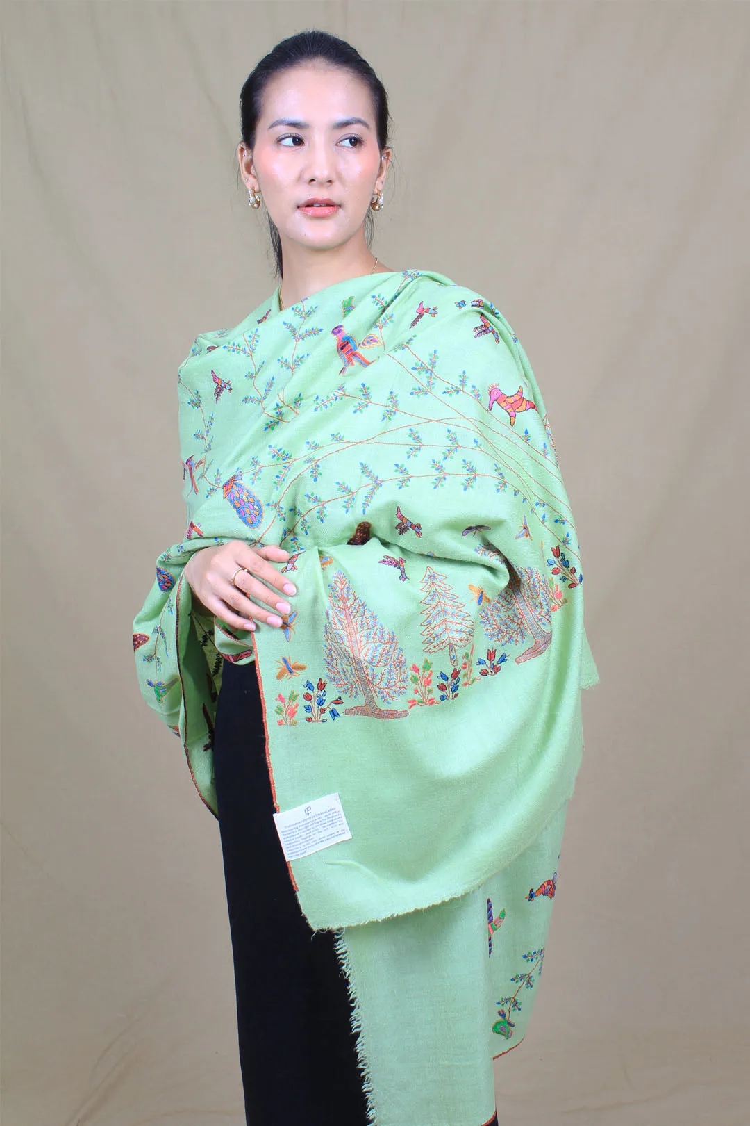 Khizar Green Forest Theme Sozni Embroidered Pashmina Shawl