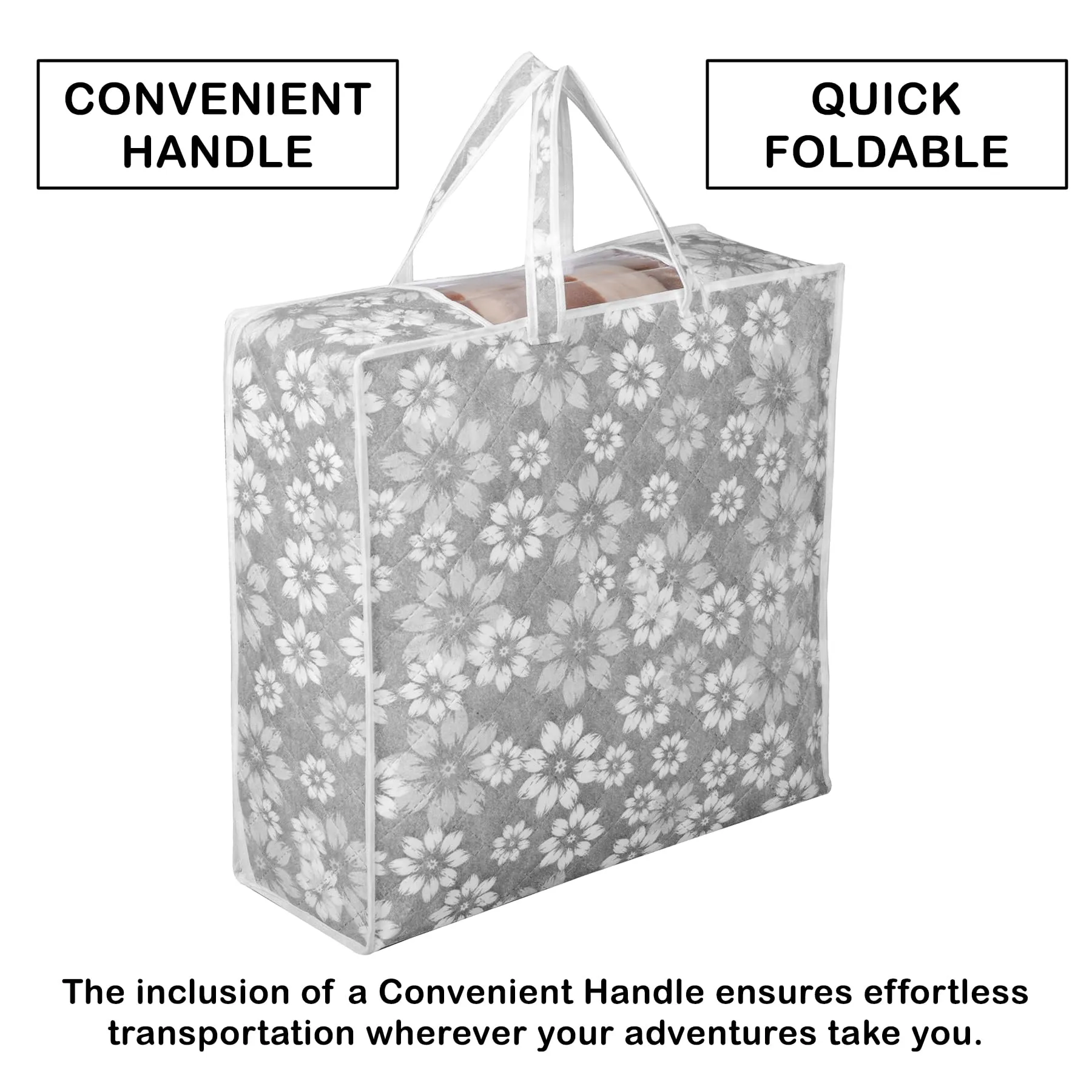 Kuber Industries Blanket Cover | Waterproof Underbed Storage Bag | Wardrobe Storage Bag | Visible Window with Handle | Bedding Clothes Bag | Flower Quilted Comforter Bag | Gray