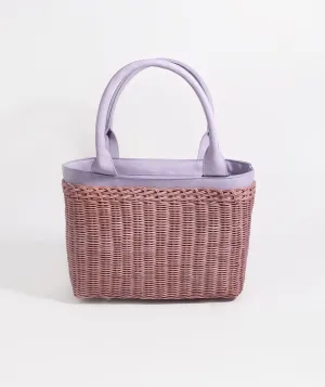 Lilac Rattan Woven Bag with Twin Handles and Zip Closure