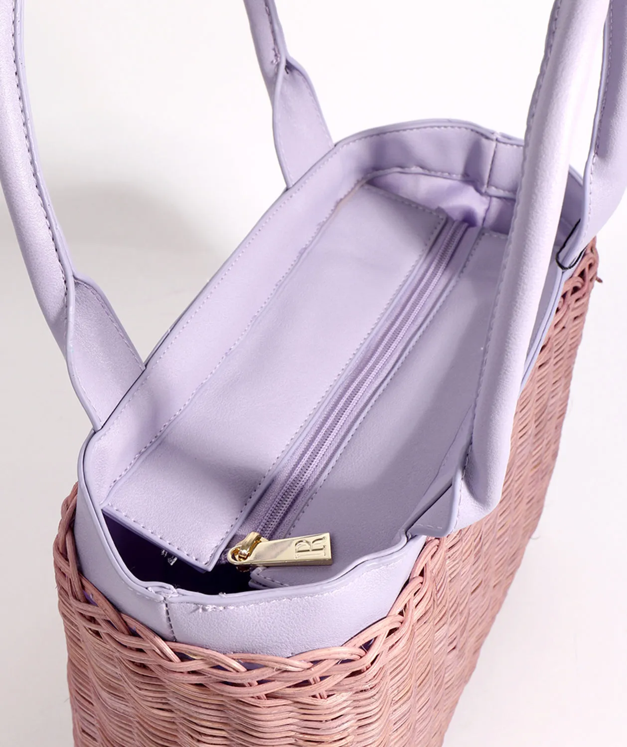 Lilac Rattan Woven Bag with Twin Handles and Zip Closure