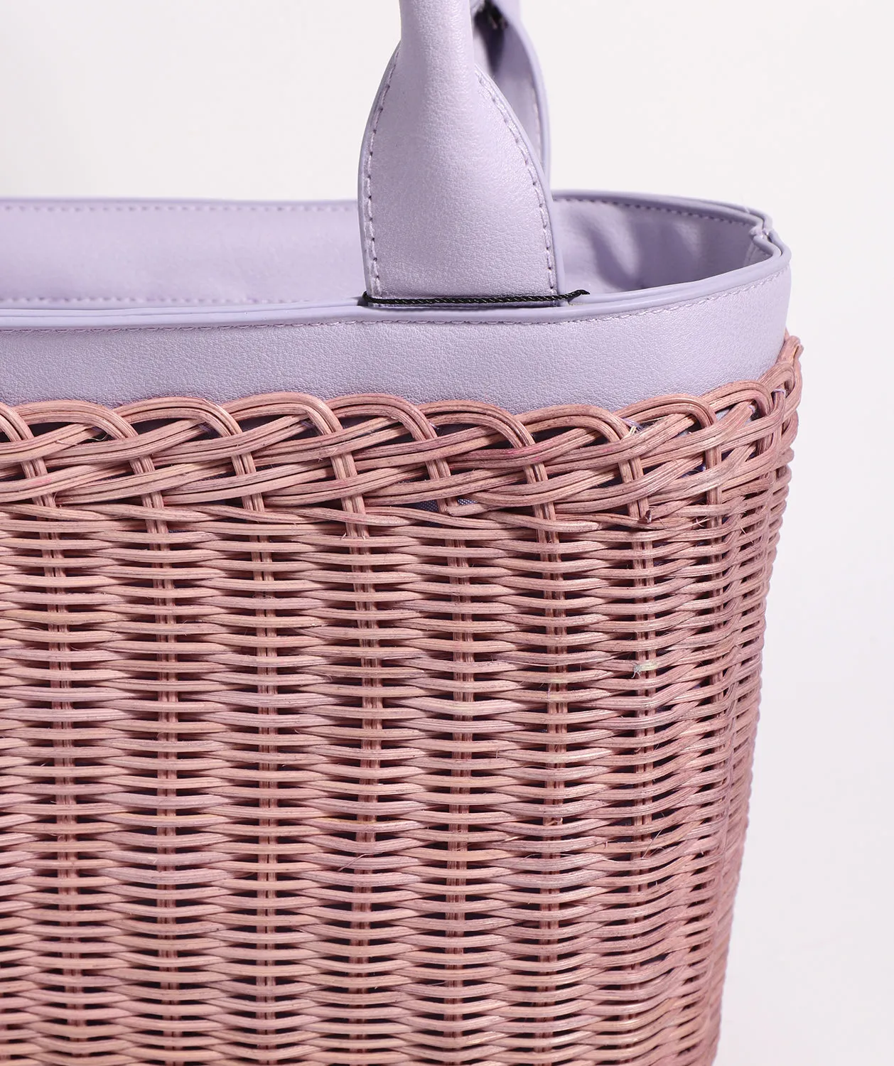 Lilac Rattan Woven Bag with Twin Handles and Zip Closure