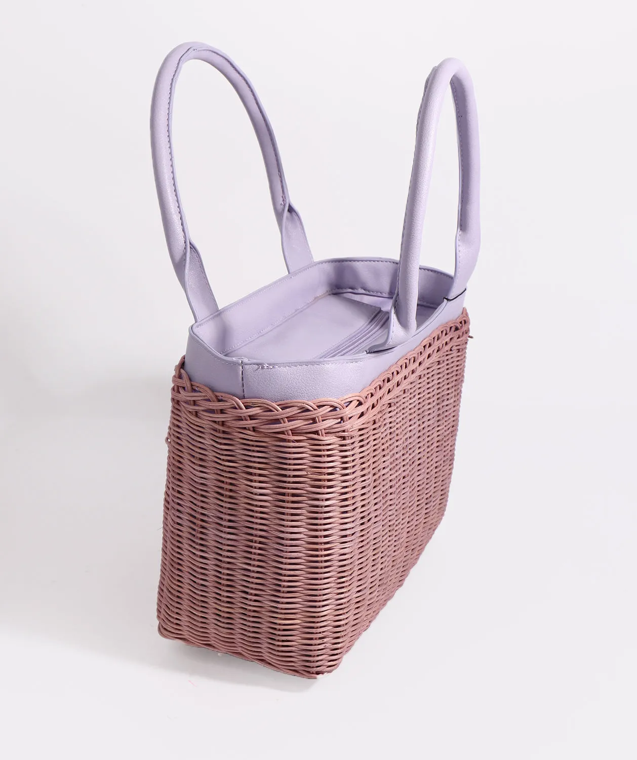 Lilac Rattan Woven Bag with Twin Handles and Zip Closure