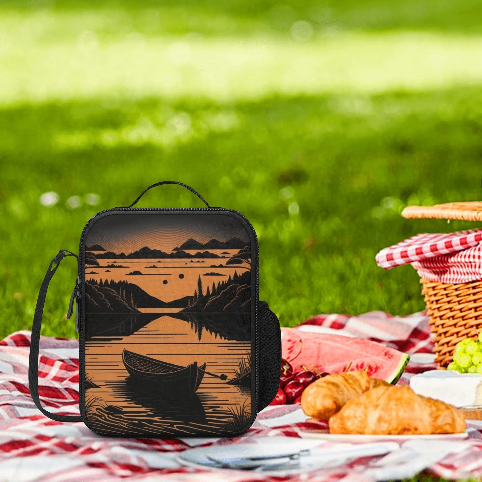 Lunch Bag-All-Over Print-Lunch Box Bag with Bottle Holder-Spacious-Retro Vintage Boat in a Lake