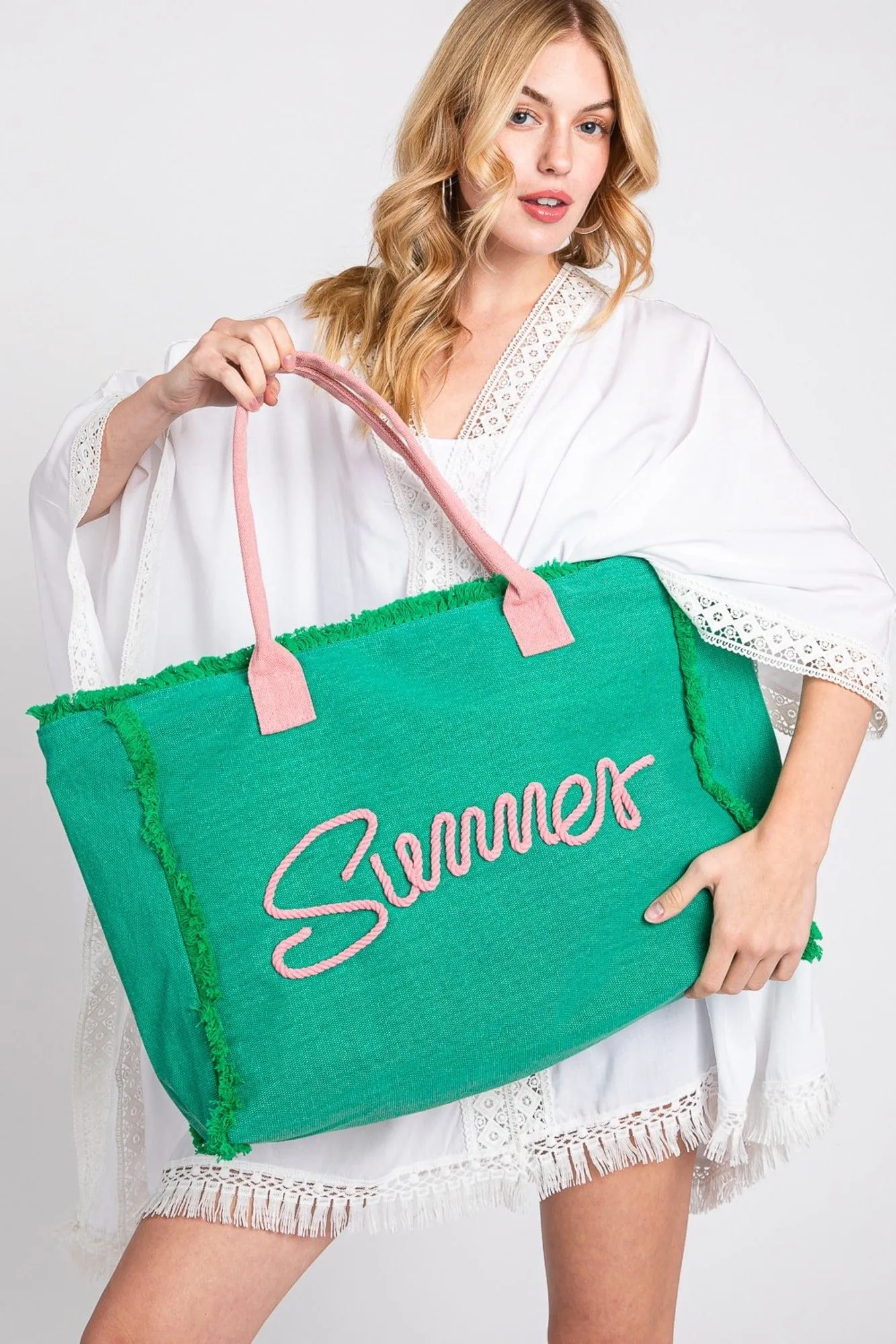 MB0204 Sewn Rope Summer Letter Fringe Tote Bag