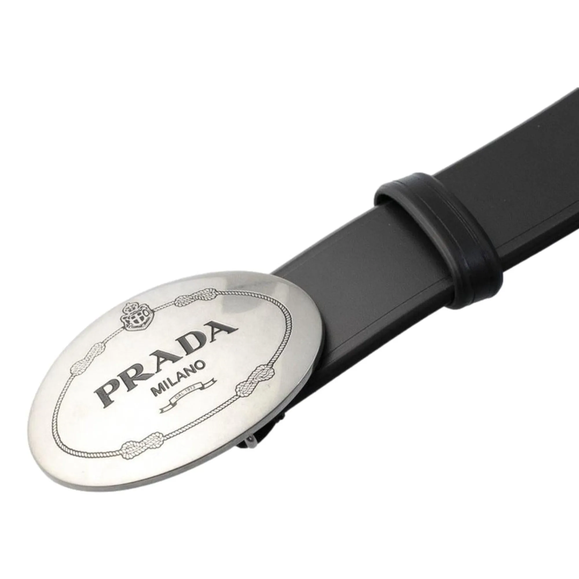 Prada Mens Navy Blue Saffiano Leather Belt Brushed Silver Buckle 95/38