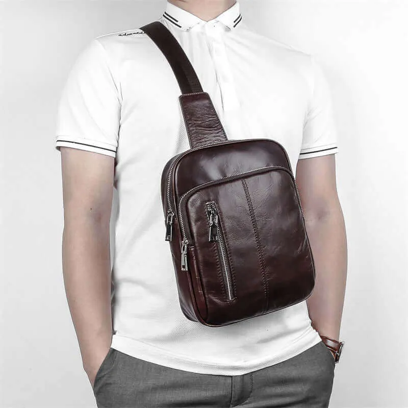 Premium Men's Coffee Leather Sling Bag - Stylish & Practical Chest Bag