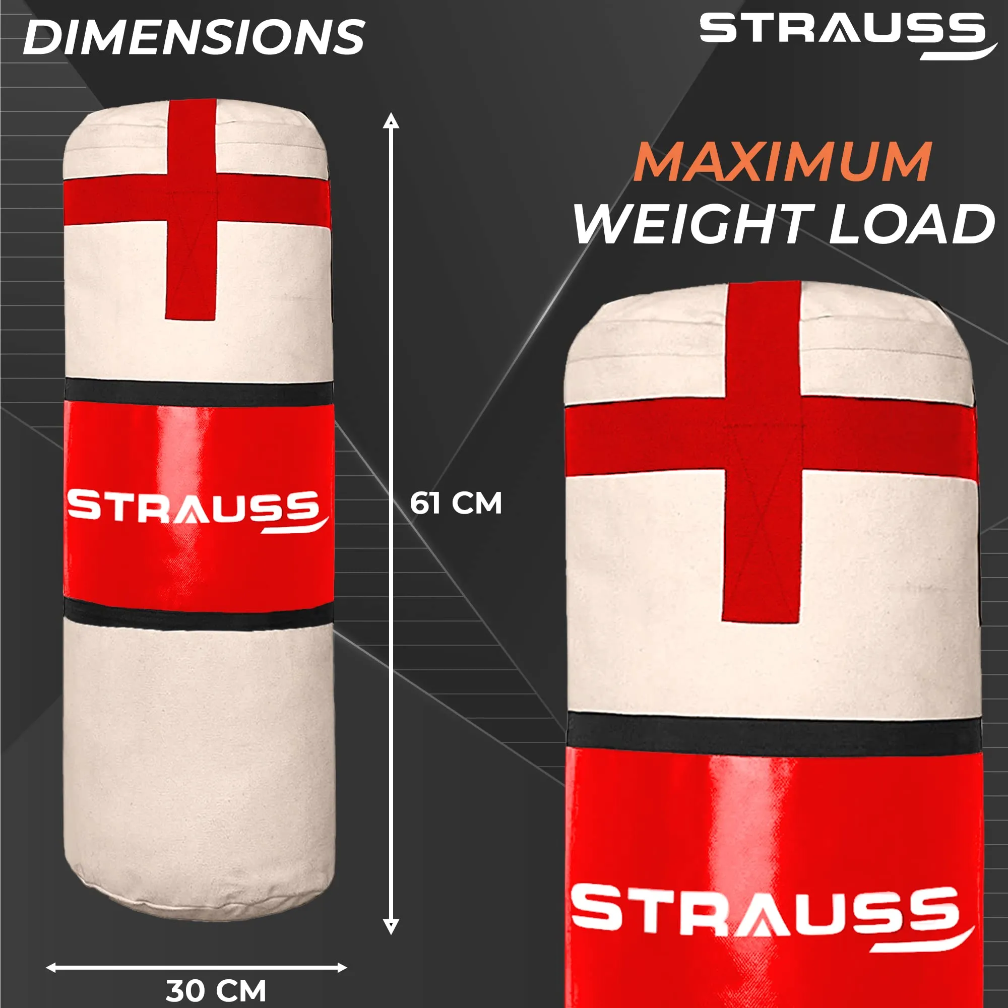 Strauss Canvas Heavy Duty Filled Gym Punching Bag | Comes with Hanging S Hook, Zippered Top Head Closure & Heavy Straps | 2 Feet, (Cream/Red)