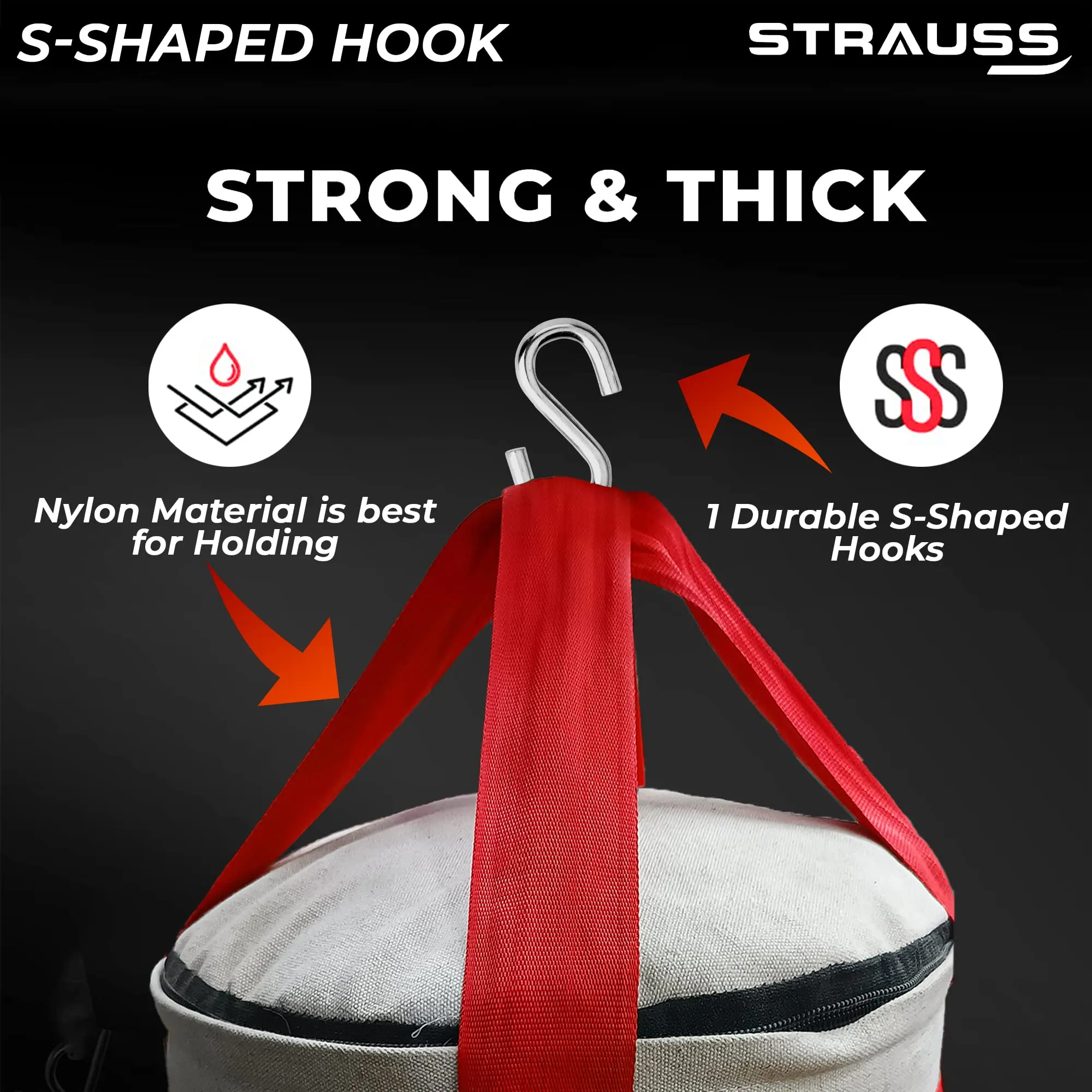 Strauss Canvas Heavy Duty Filled Gym Punching Bag | Comes with Hanging S Hook, Zippered Top Head Closure & Heavy Straps | 2 Feet, (Cream/Red)