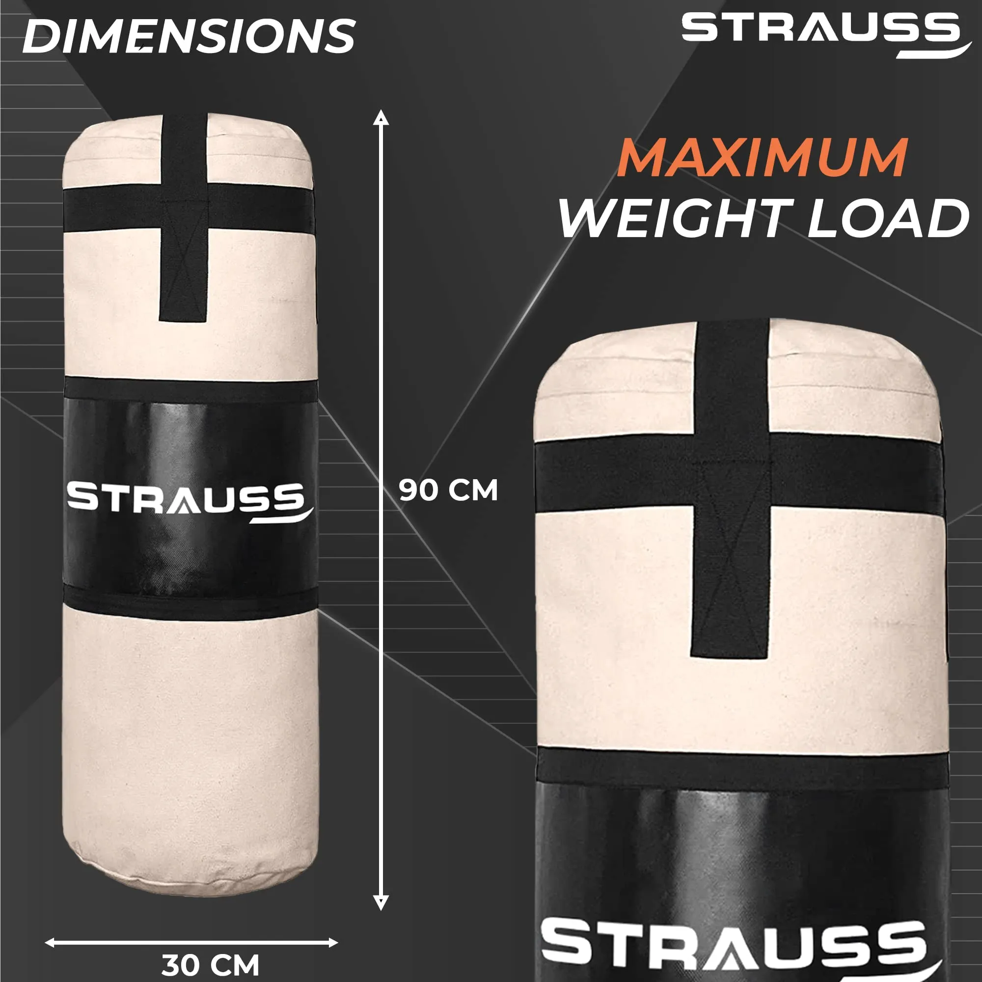 Strauss Canvas Heavy Duty Filled Gym Punching Bag | Comes with Hanging S Hook, Zippered Top Head Closure & Heavy Straps | 3 Feet, (Cream/Red)