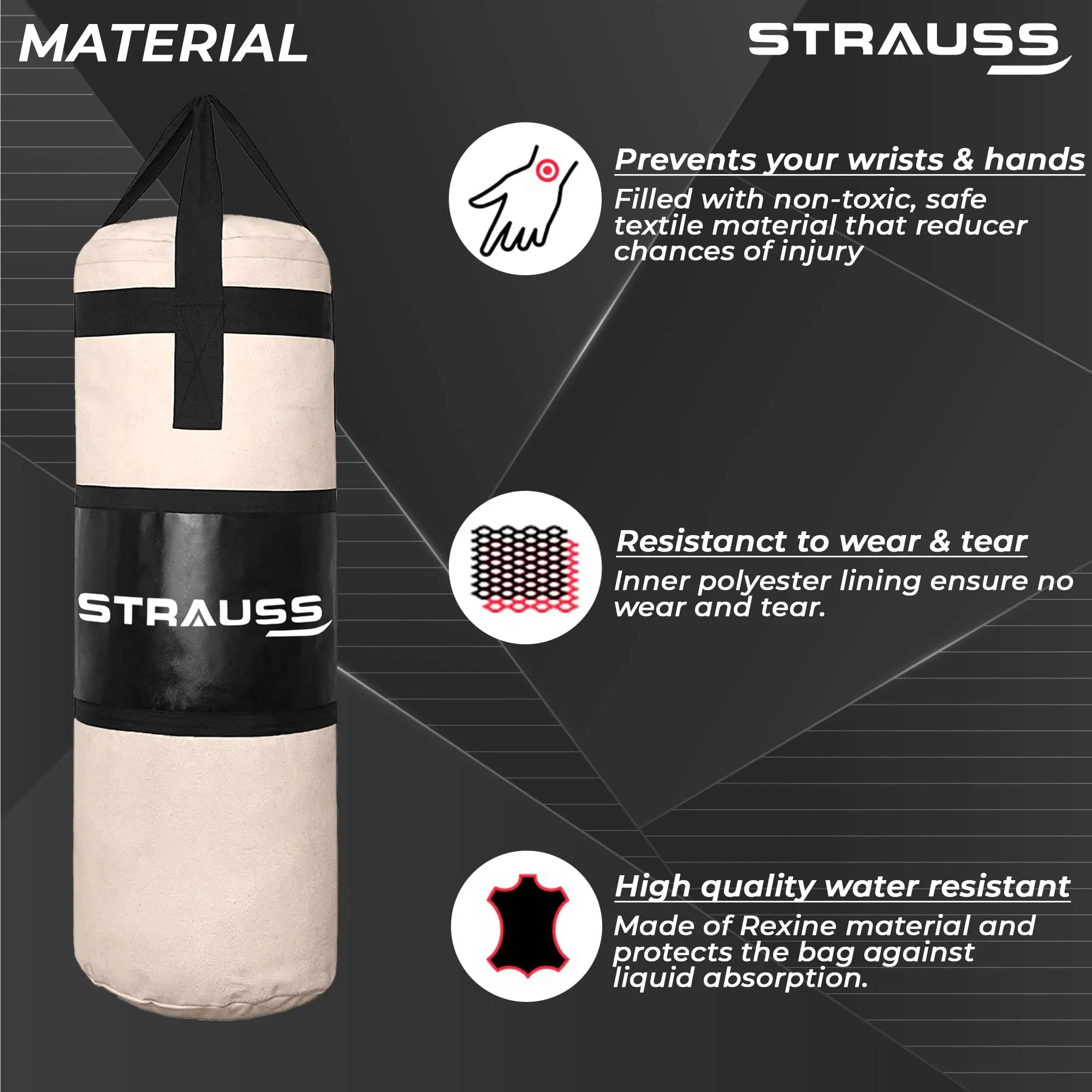 Strauss Canvas Heavy Duty Filled Gym Punching Bag | Comes with Hanging S Hook, Zippered Top Head Closure & Heavy Straps | 3 Feet, (Cream/Red)