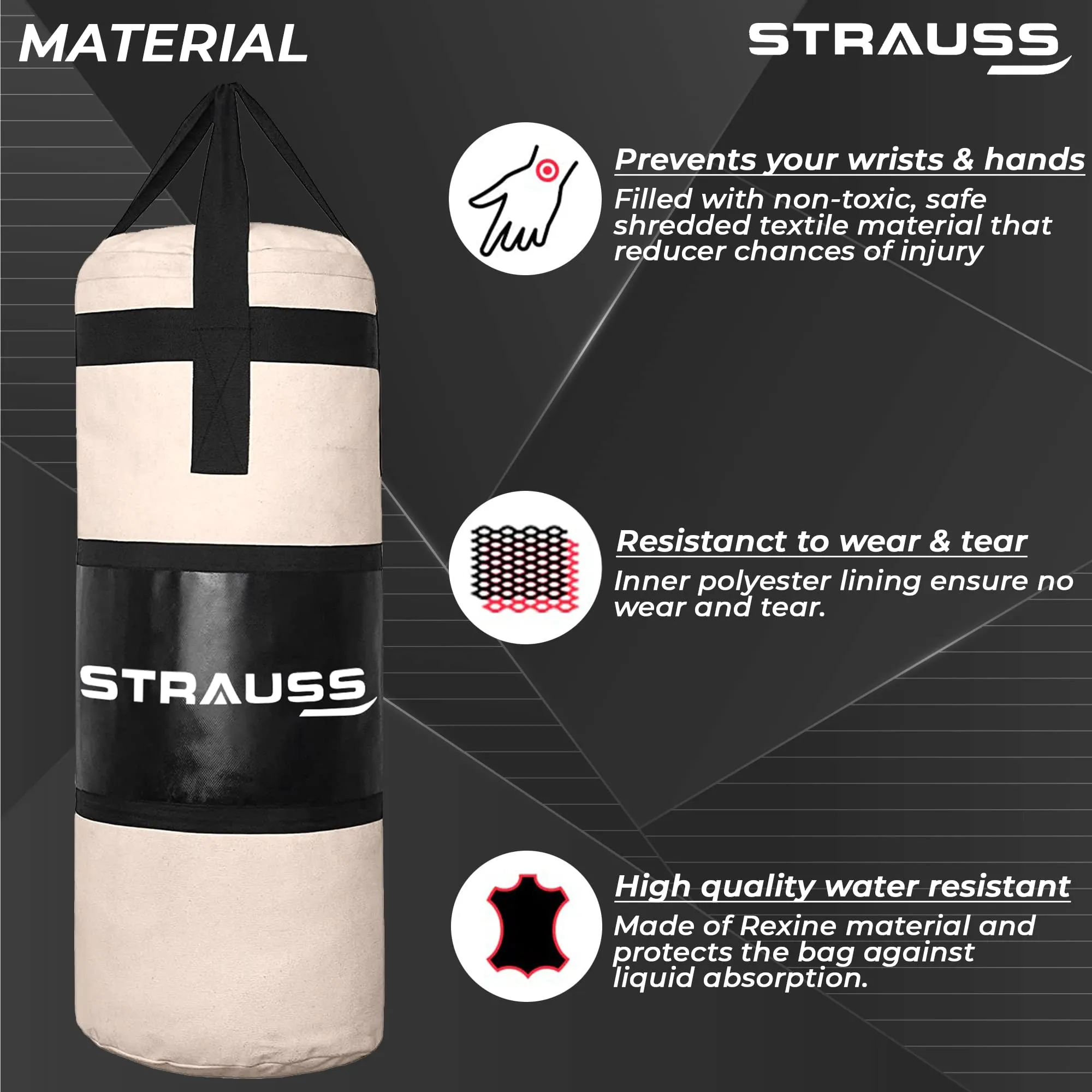 Strauss Canvas Heavy Duty Filled Gym Punching Bag|Hanging S Hook, Zippered Top Head Closure,Heavy Straps |Ideal for Boxing, MMA|Boxing Bag for Home Gym & Fitness Training|2.5 Feet,(Cream/Black)