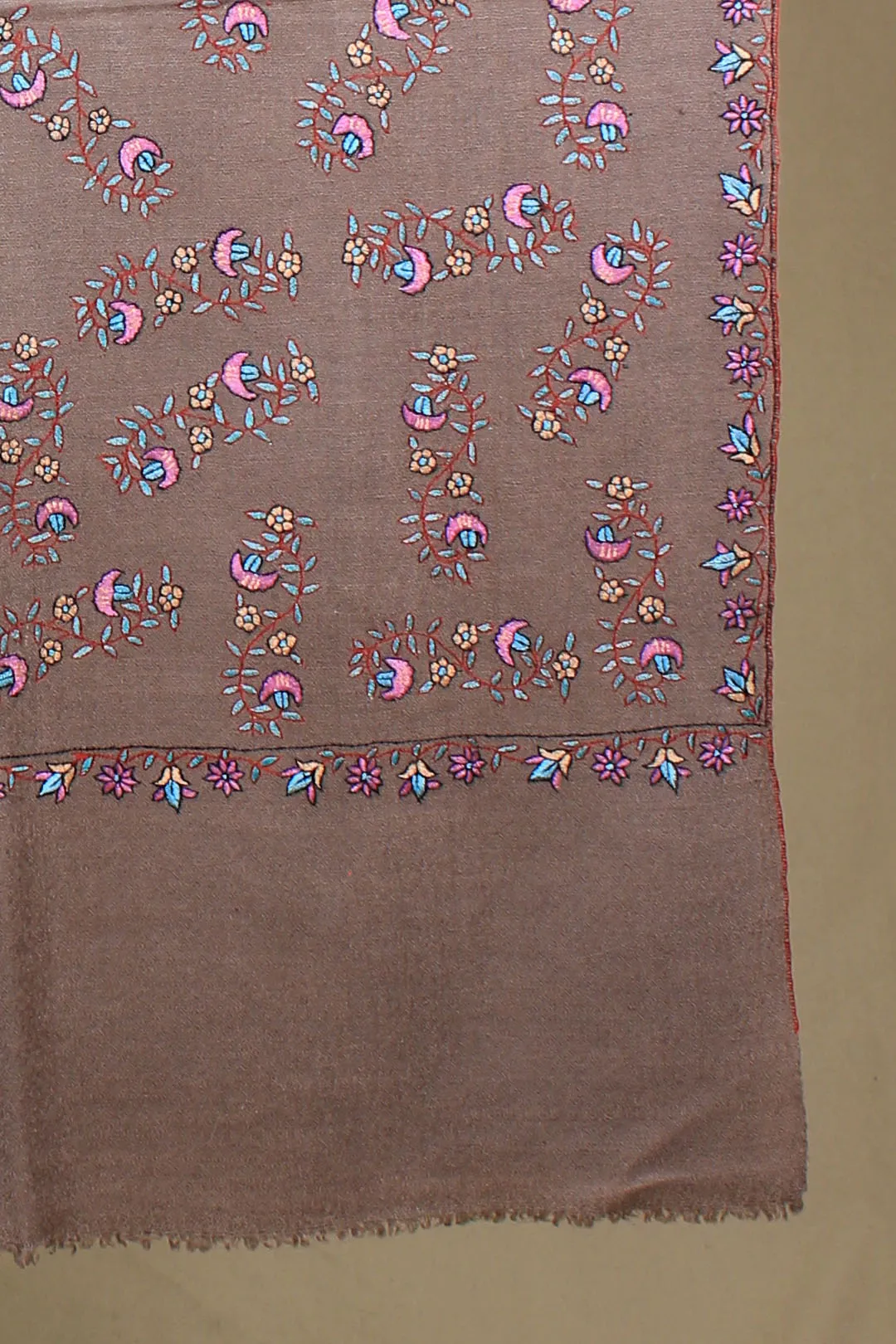 Tehzeeb Classic Taupe Sonzi Neem Jama Embroidered Pashmina Shawl