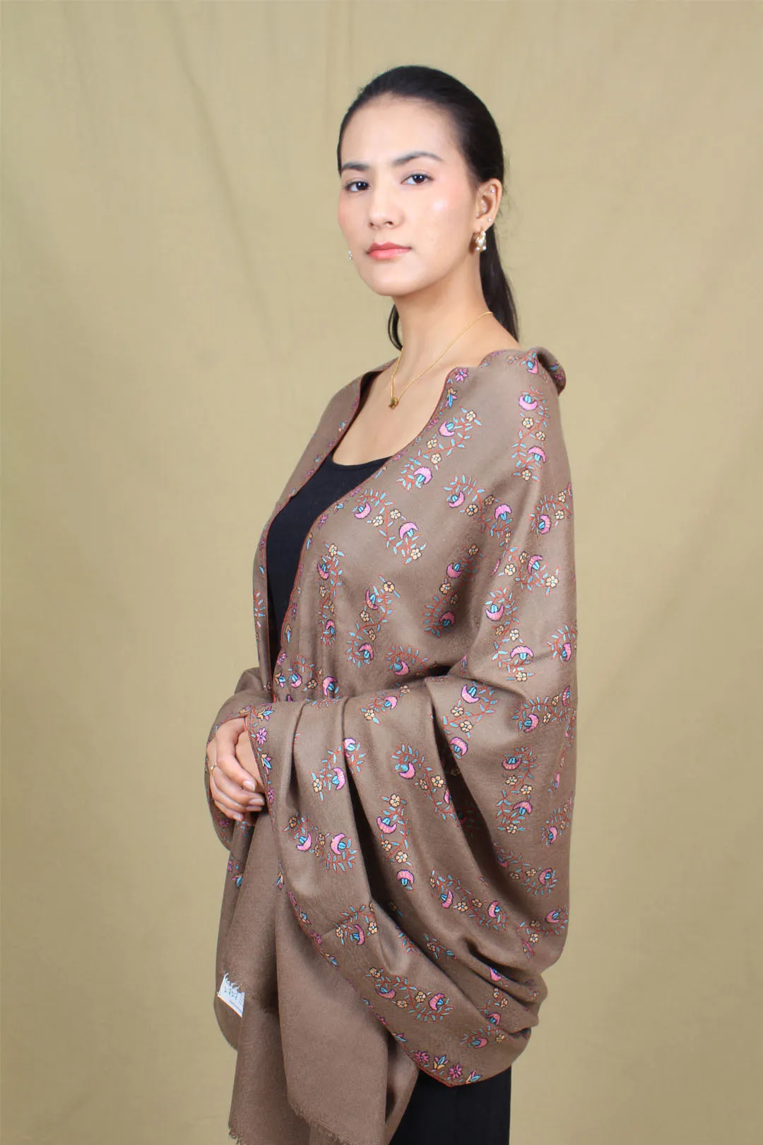 Tehzeeb Classic Taupe Sonzi Neem Jama Embroidered Pashmina Shawl