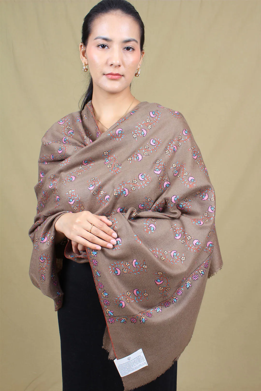 Tehzeeb Classic Taupe Sonzi Neem Jama Embroidered Pashmina Shawl