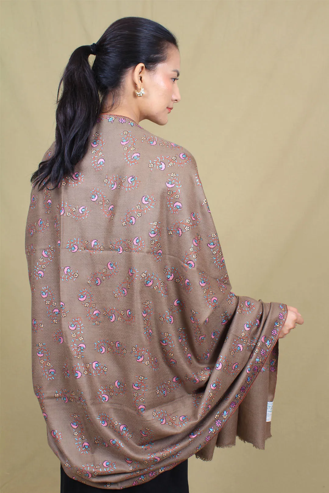 Tehzeeb Classic Taupe Sonzi Neem Jama Embroidered Pashmina Shawl