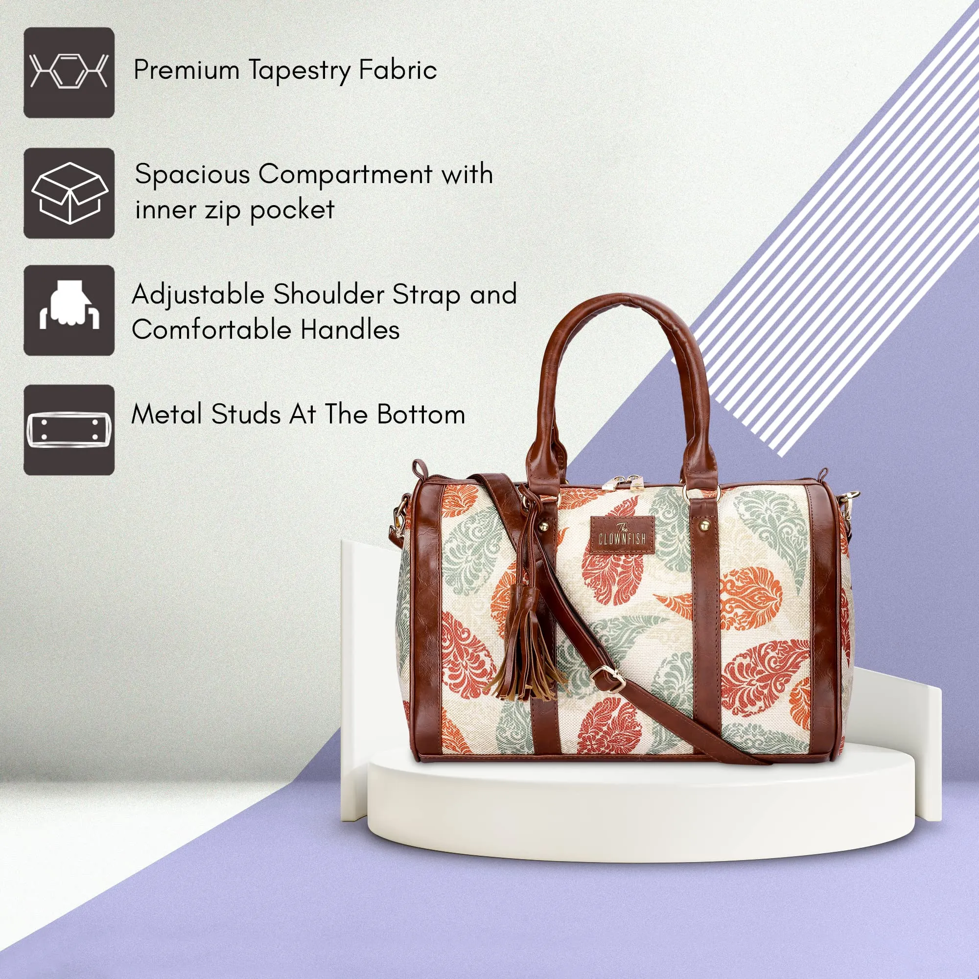 THE CLOWNFISH Combo Of Lorna Printed Handicraft Fabric & Faux Leather Handbag Sling Bag for Women & Aahna Printed Handicraft Fabric Crossbody Sling bag for Women (Cream-Leaf Print)