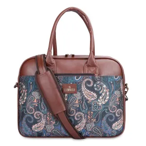 THE CLOWNFISH Deborah series 15.6 inch Laptop Bag For Women Printed Handicraft Fabric & Faux Leather Office Bag Briefcase Messenger Sling Handbag Business Bag (Marine Blue)