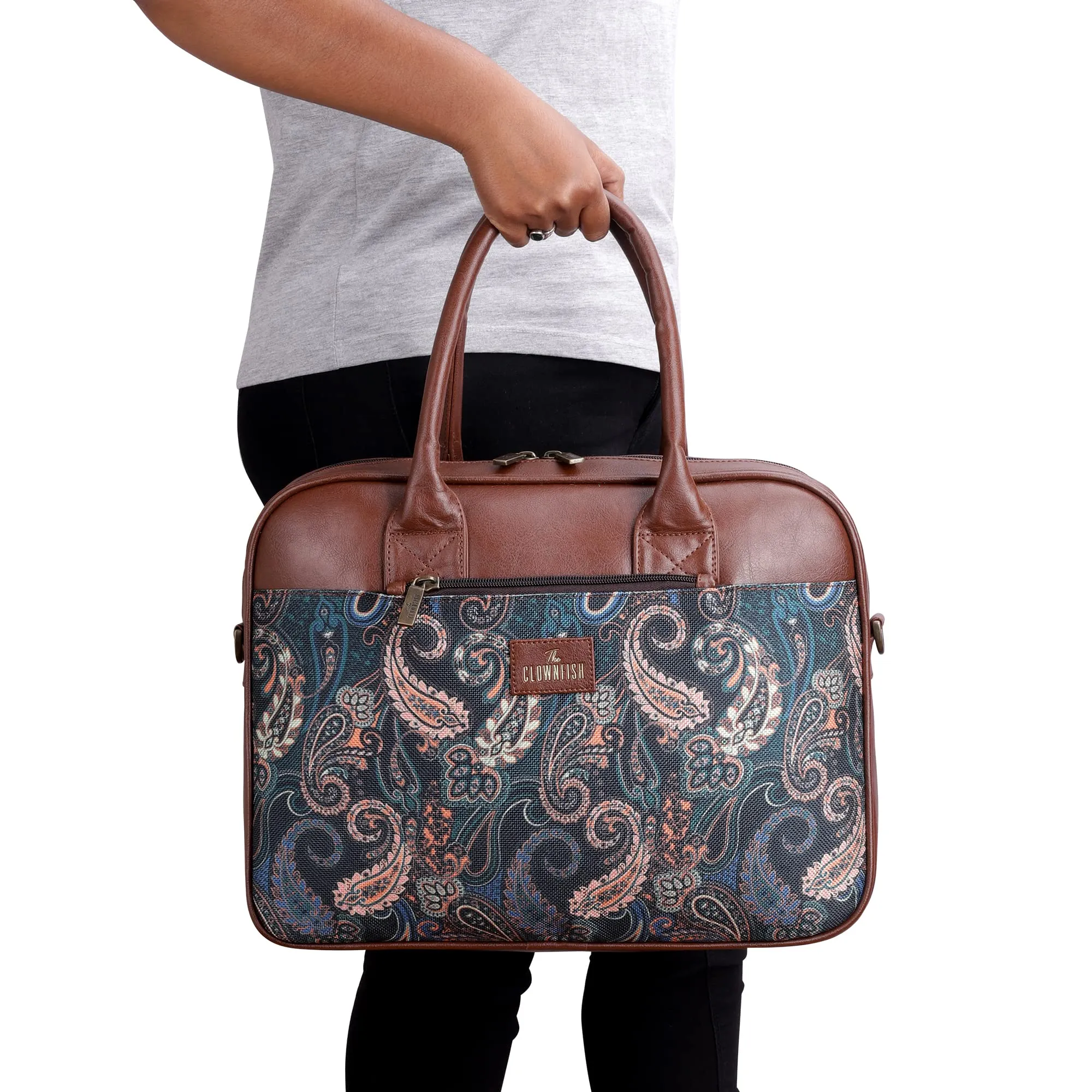 THE CLOWNFISH Deborah series 15.6 inch Laptop Bag For Women Printed Handicraft Fabric & Faux Leather Office Bag Briefcase Messenger Sling Handbag Business Bag (Marine Blue)