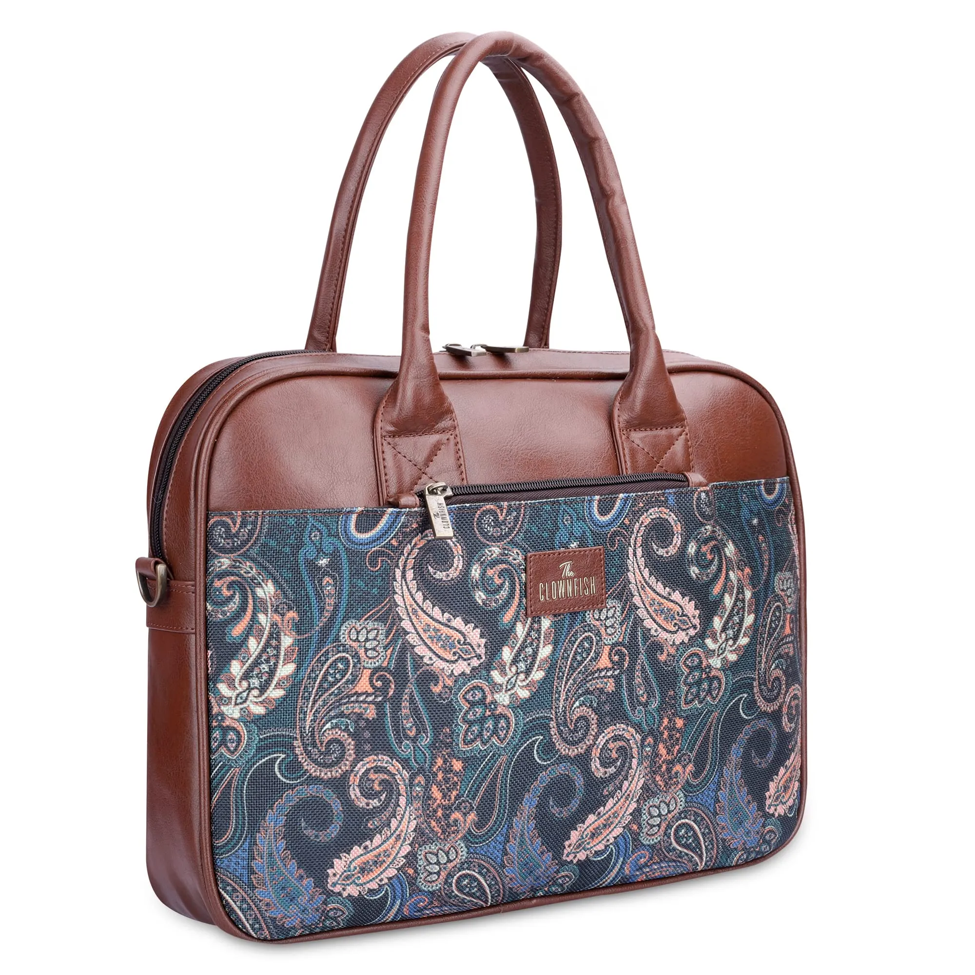 THE CLOWNFISH Deborah series 15.6 inch Laptop Bag For Women Printed Handicraft Fabric & Faux Leather Office Bag Briefcase Messenger Sling Handbag Business Bag (Marine Blue)