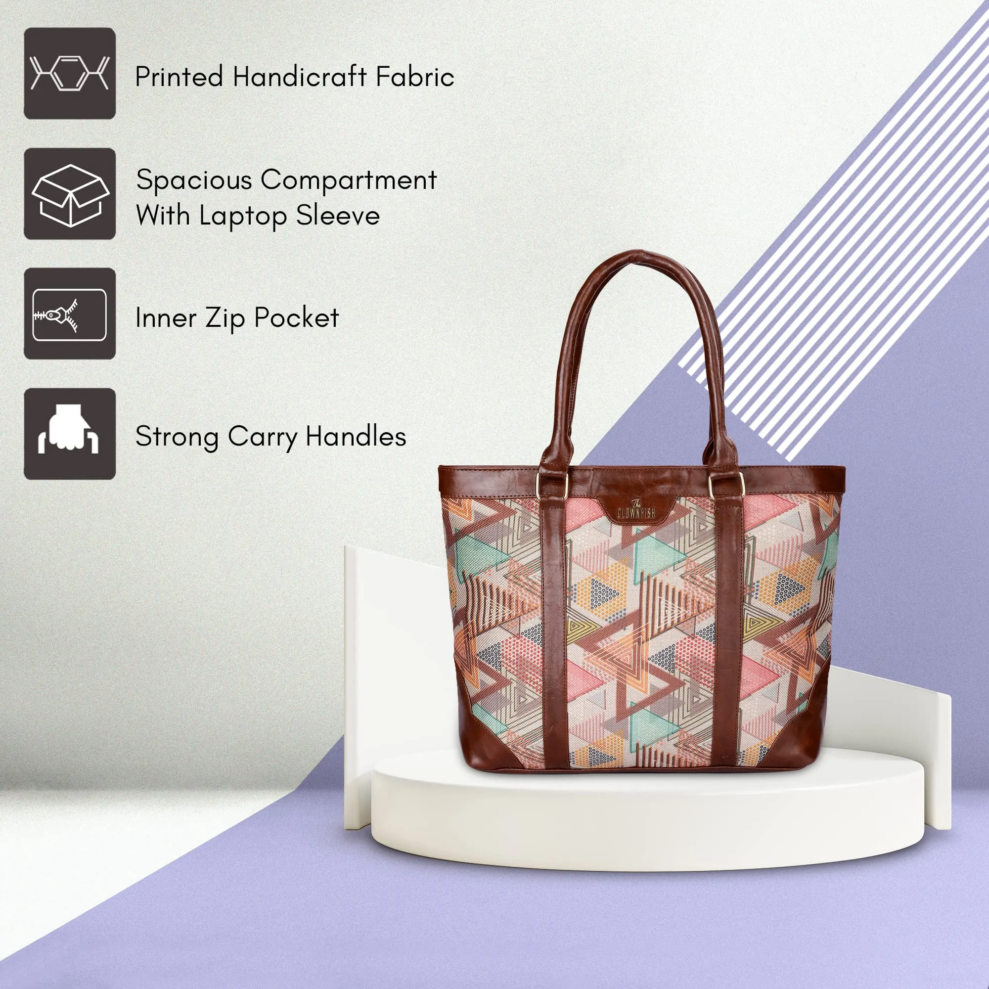 THE CLOWNFISH Miranda Series 15.6 inch Laptop Bag For Women Printed Handicraft Fabric & Faux Leather Office Bag Briefcase Hand Messenger bag Tote Shoulder Bag (Multicolour-Triangle)