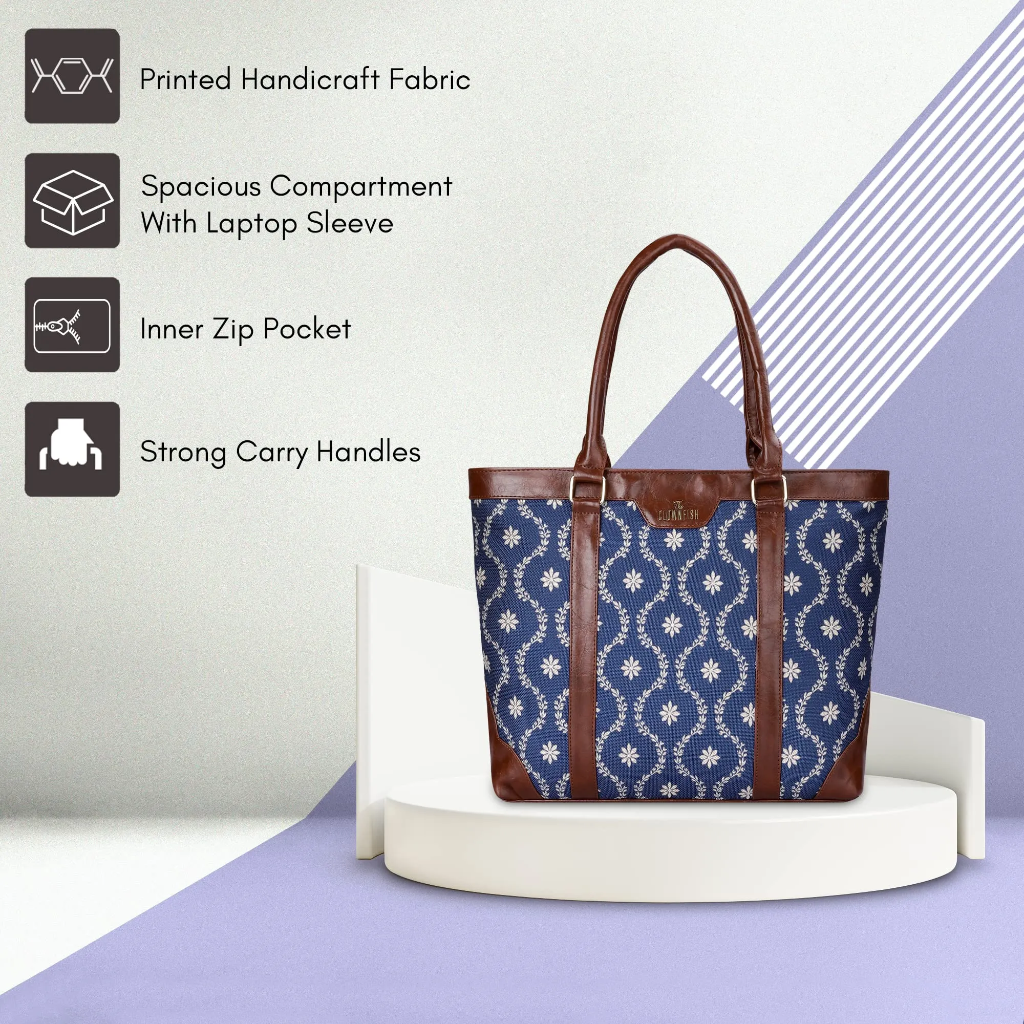 THE CLOWNFISH Miranda Series 15.6 inch Laptop Bag For Women Printed Handicraft Fabric & Faux Leather Office Bag Briefcase Hand Messenger bag Tote Shoulder Bag (Royal Blue)