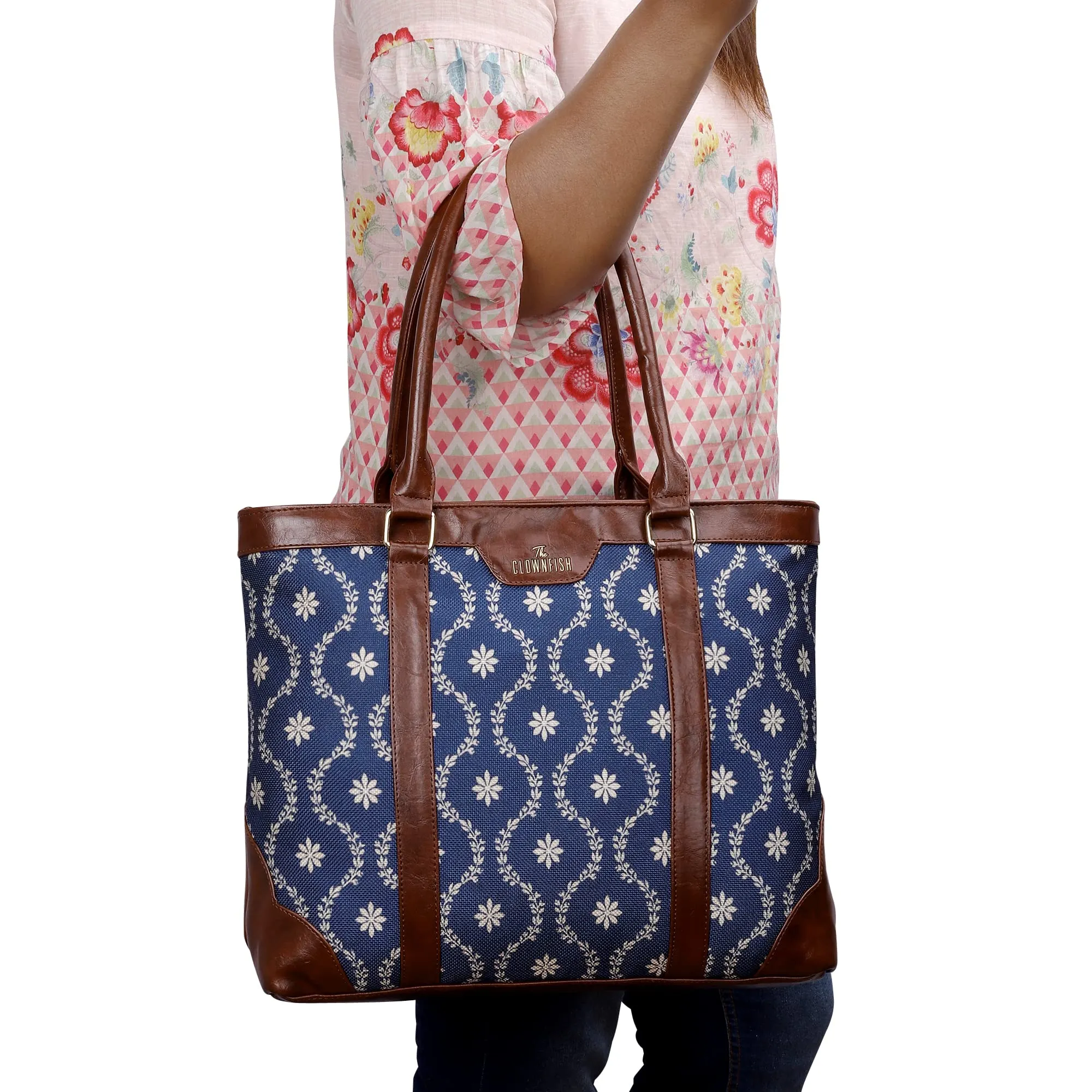 THE CLOWNFISH Miranda Series 15.6 inch Laptop Bag For Women Printed Handicraft Fabric & Faux Leather Office Bag Briefcase Hand Messenger bag Tote Shoulder Bag (Royal Blue)