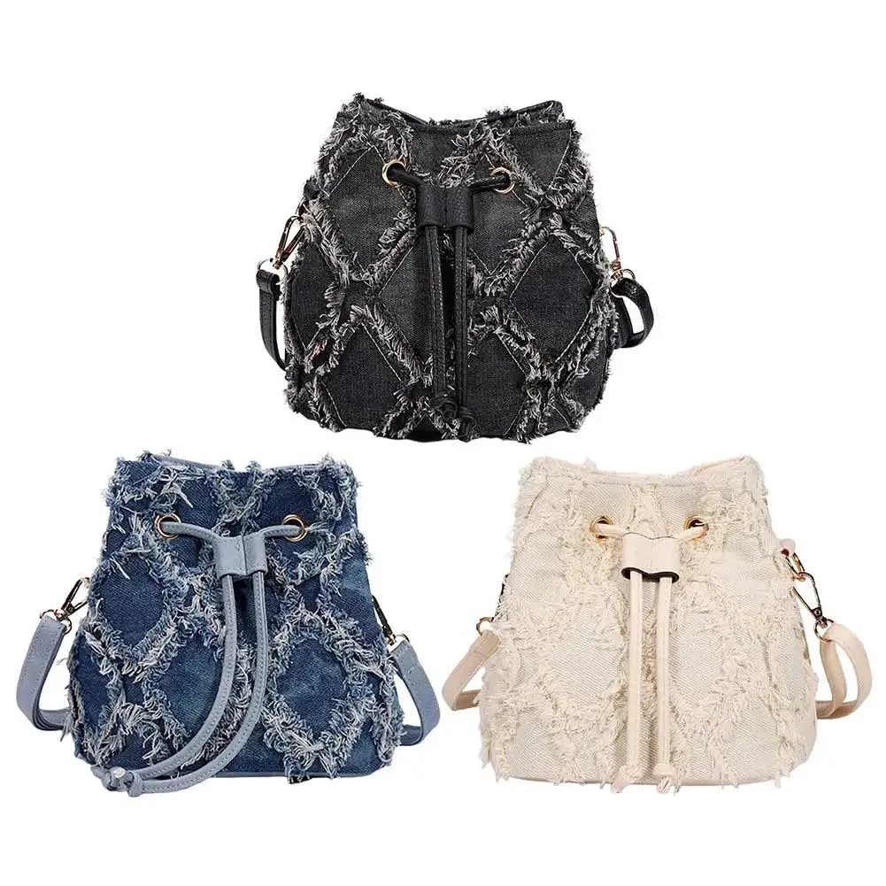 Trendy Denim Bucket Bag with Tassel Detailing