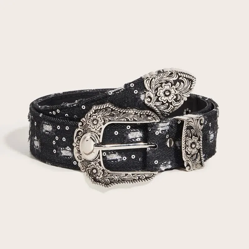 Trendy Unique Engraved Flower Buckle Denim Belt