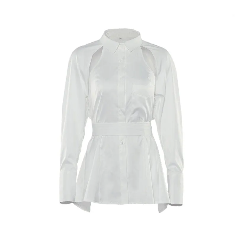 Unique Cut Out Back Tie Long Sleeve Button Up Blouse - White