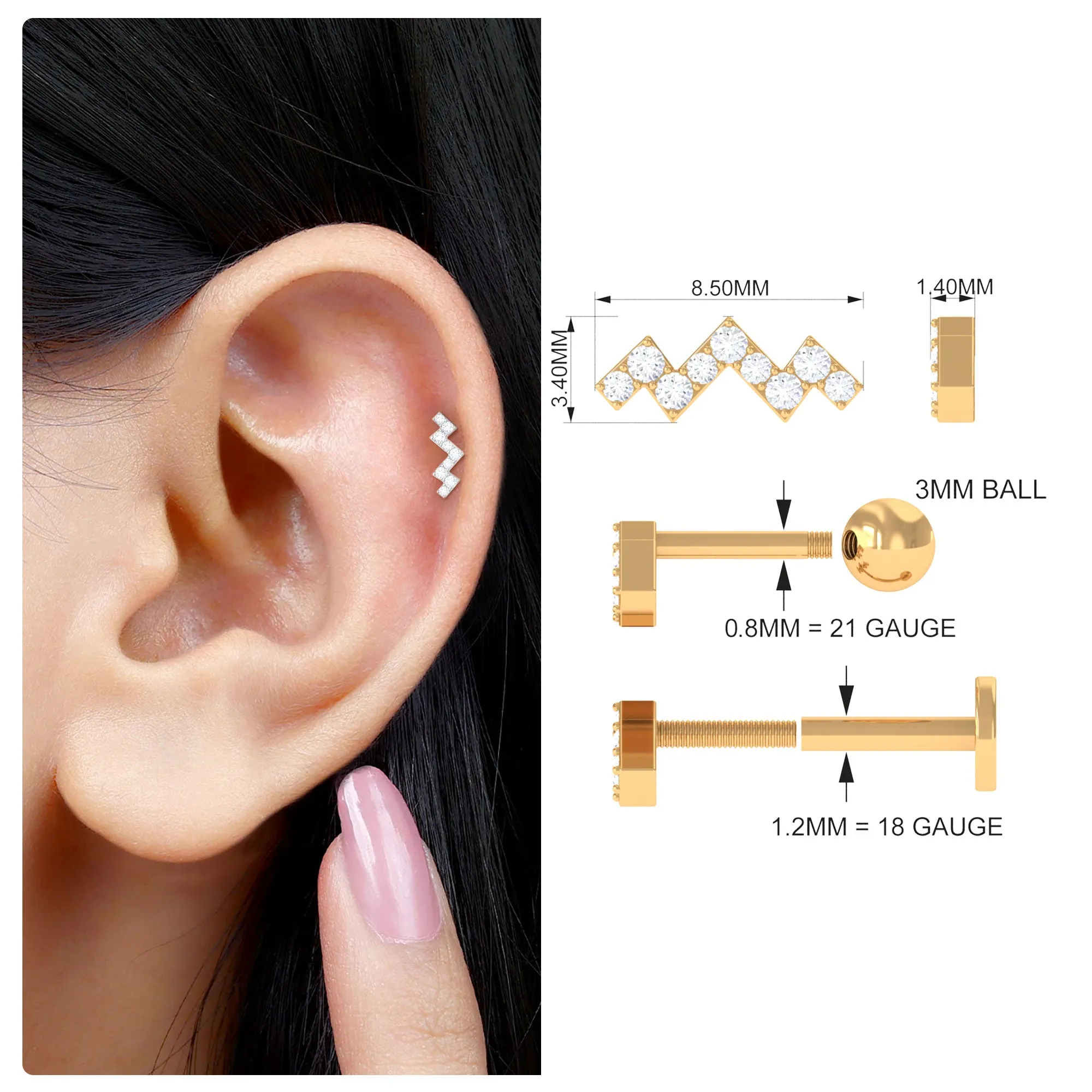 Unique Real Diamond Zigzag Cartilage Earring